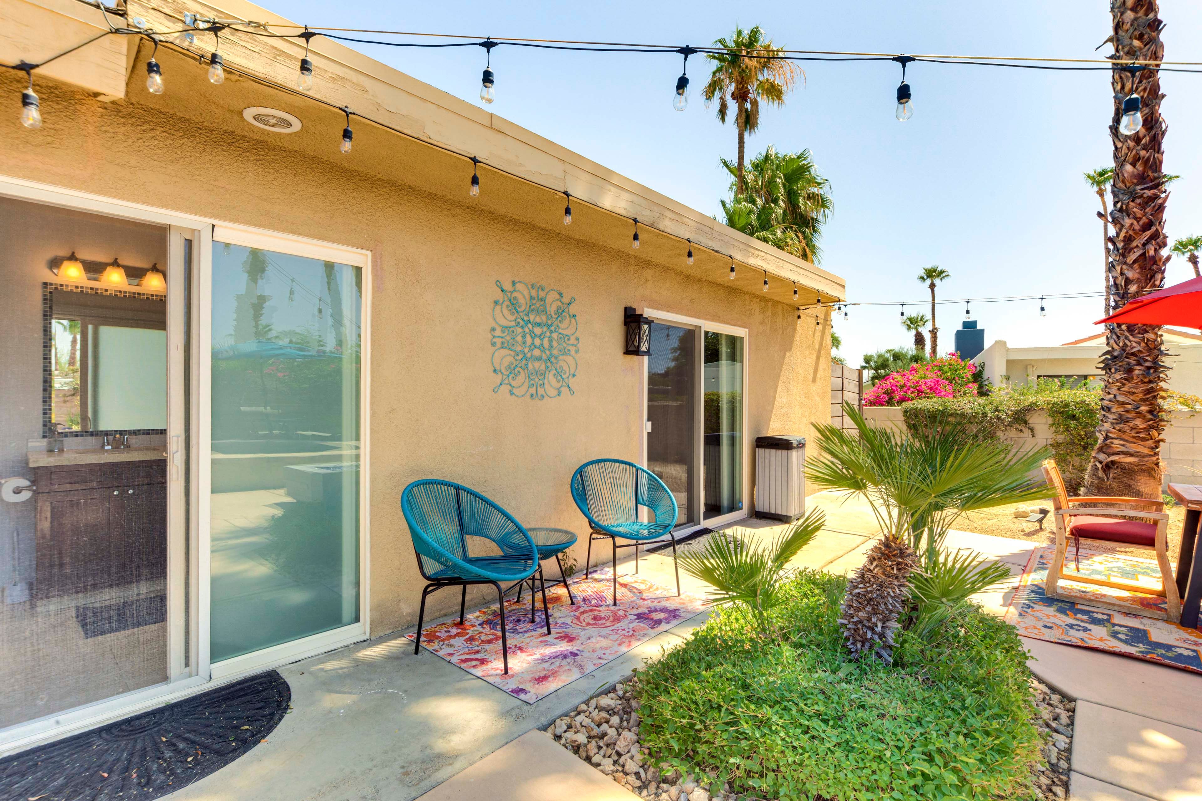 Patio | Outdoor Dining & Lounge Areas | Gas Fire Pit | Shaded Cabana