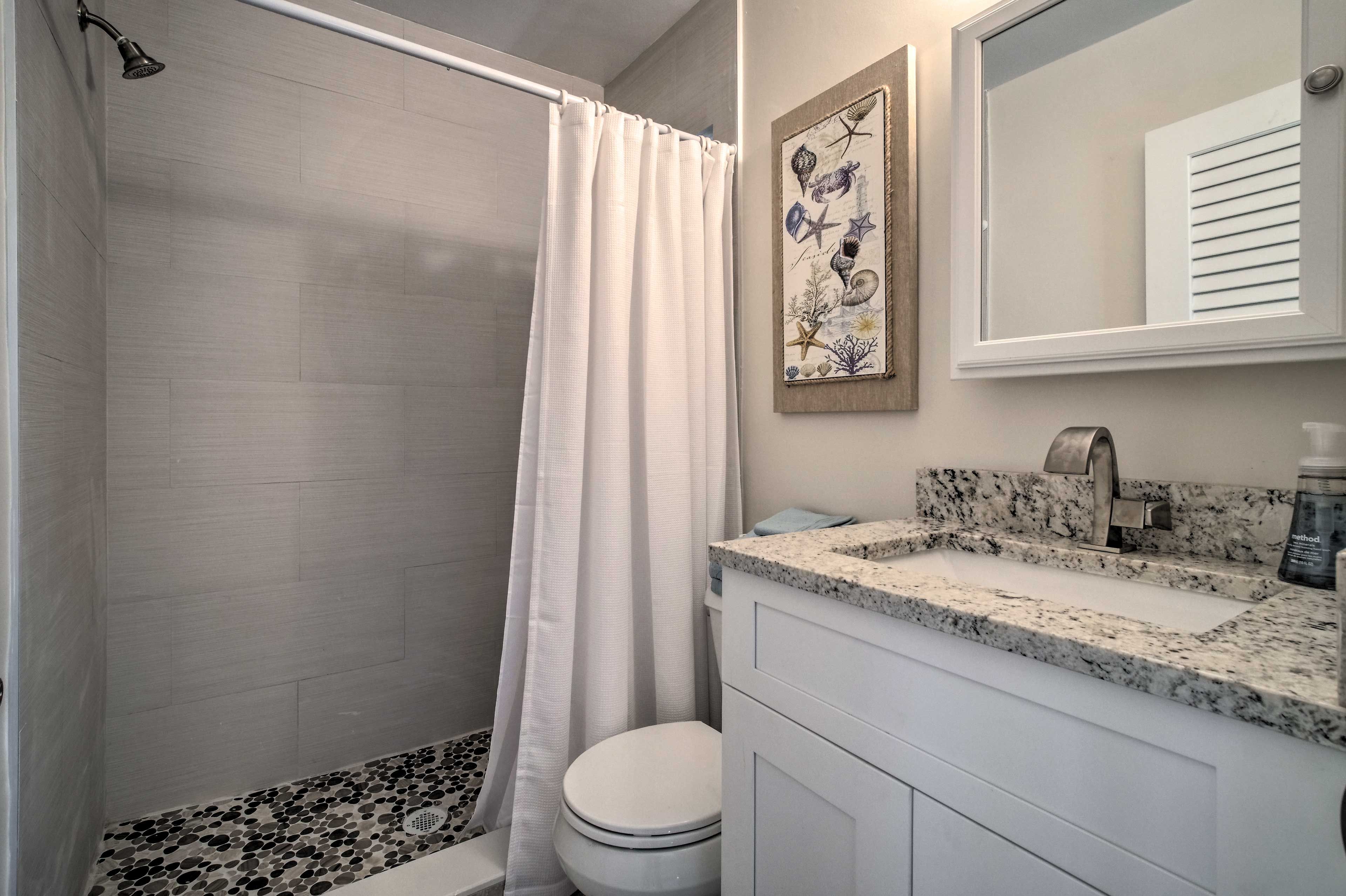 Rinse off in the walk-in shower.