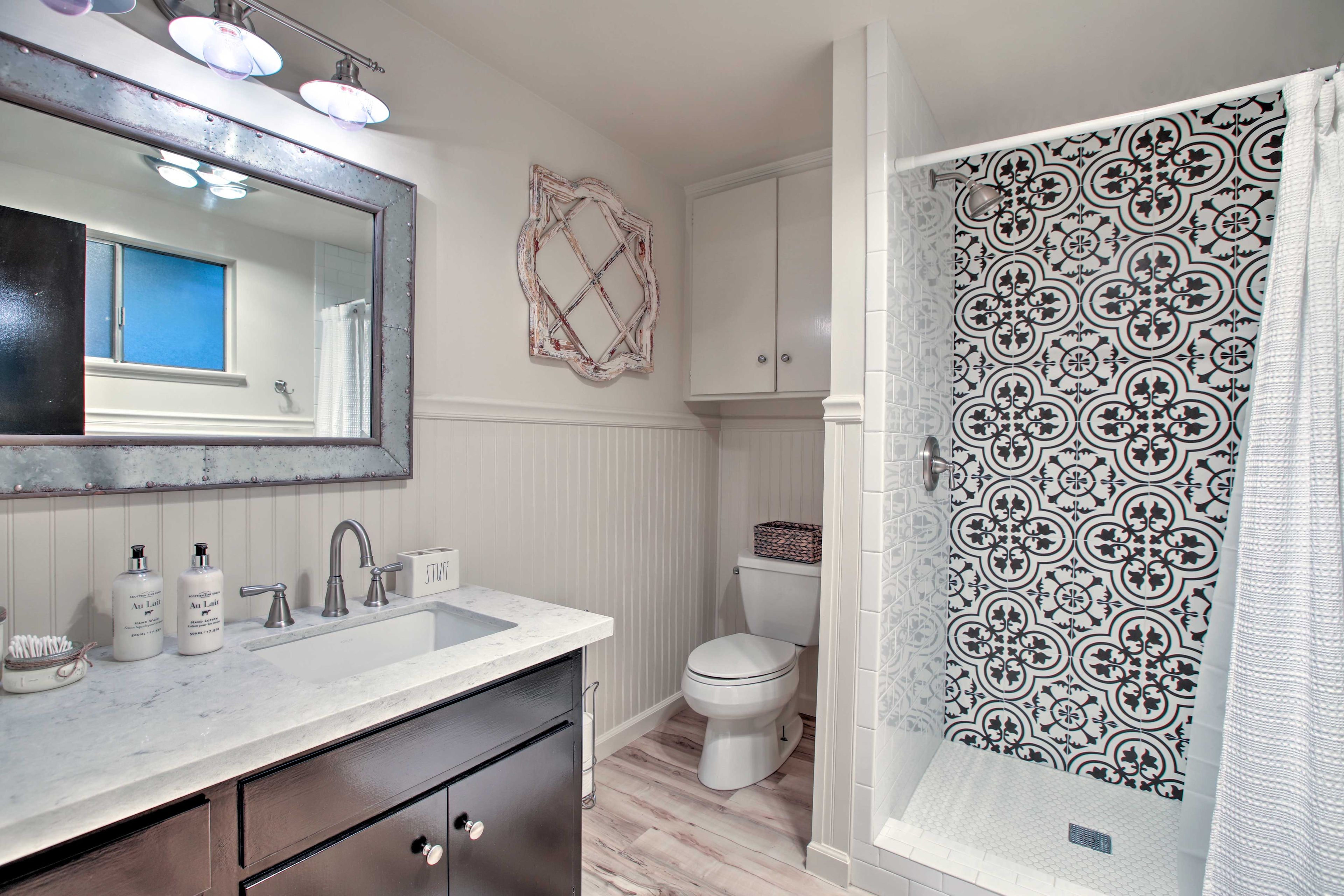 Rinse off in the walk-in shower.