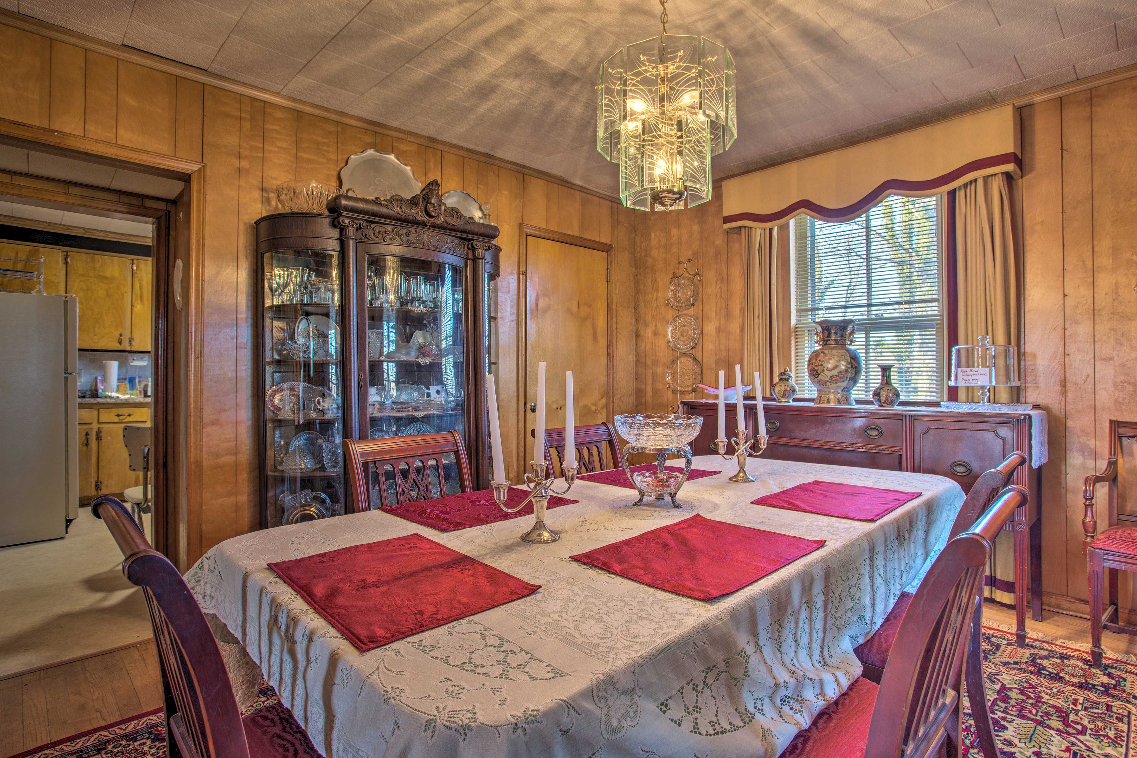 Delicate crystal is showcased in the dining room.