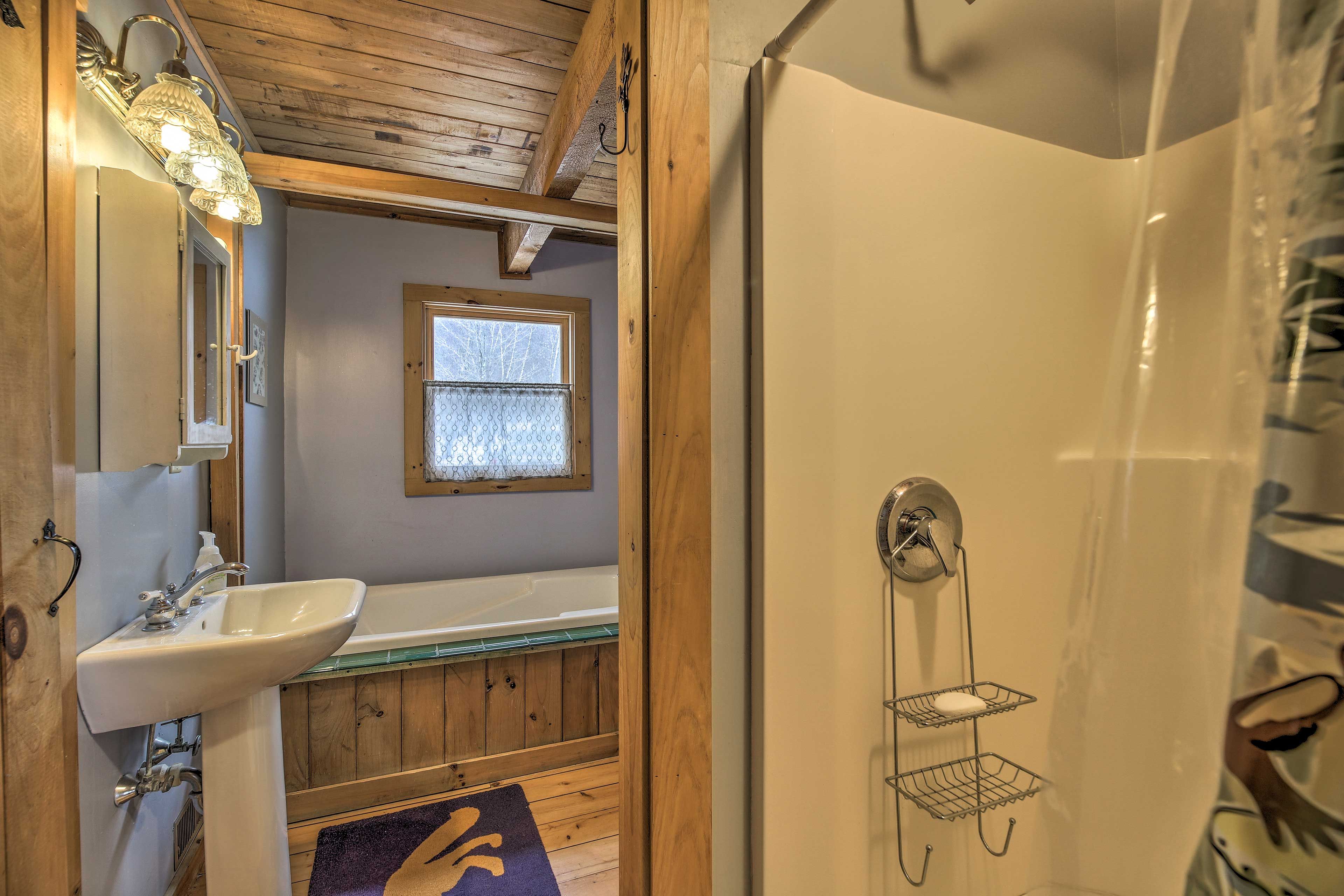 The spacious full bathroom includes a soaking tub plus a walk-in shower.