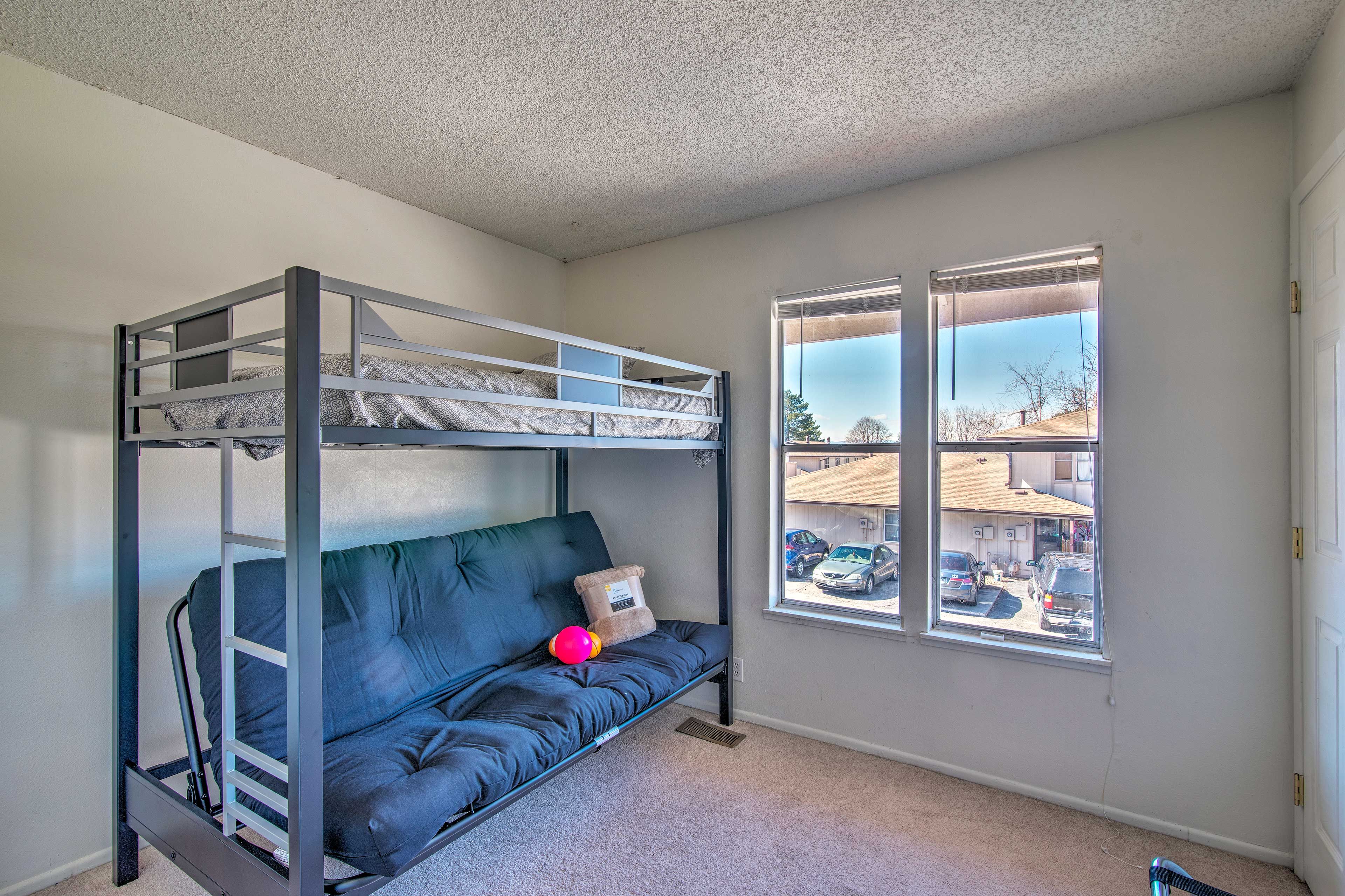 Kids will love this bunk room with a twin-over-full futon.