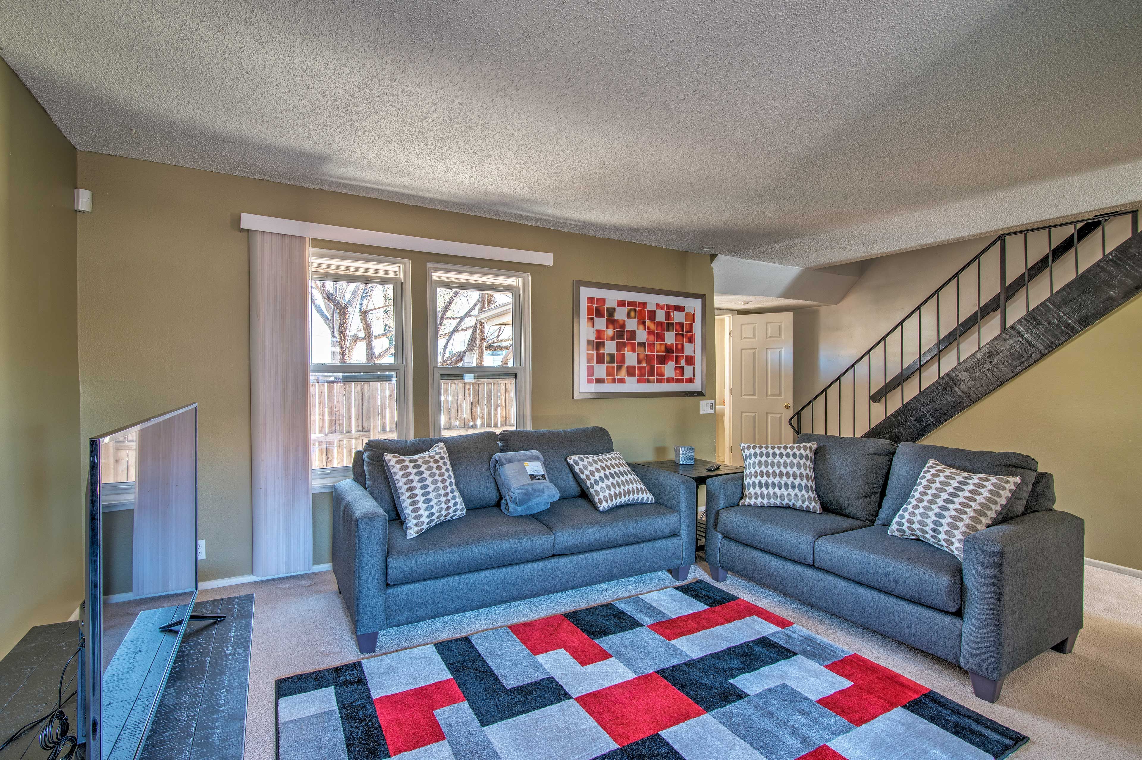 Unwind in front of the flat-screen cable TV after a long day.