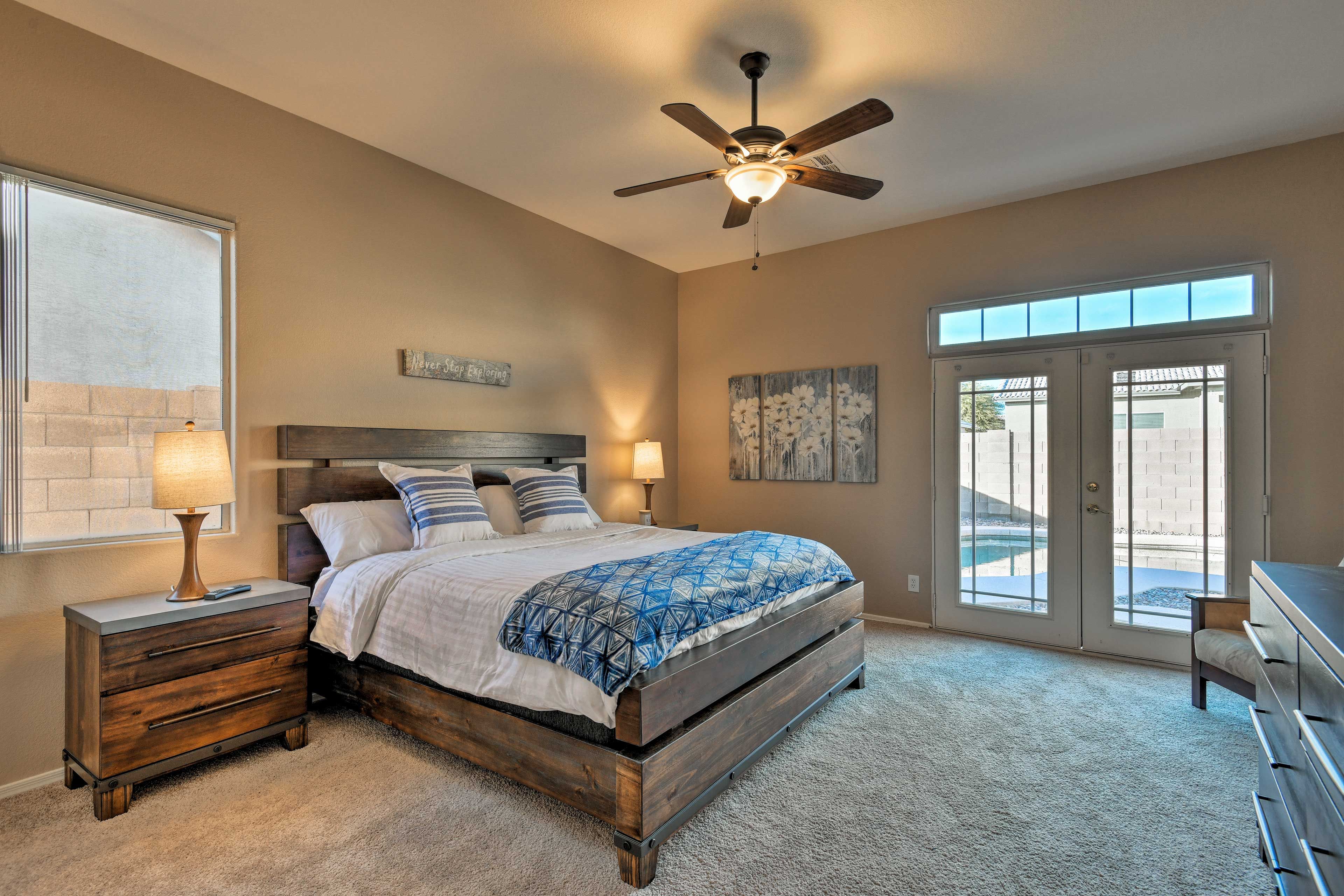 Drift to sleep in the bedroom's king bed.
