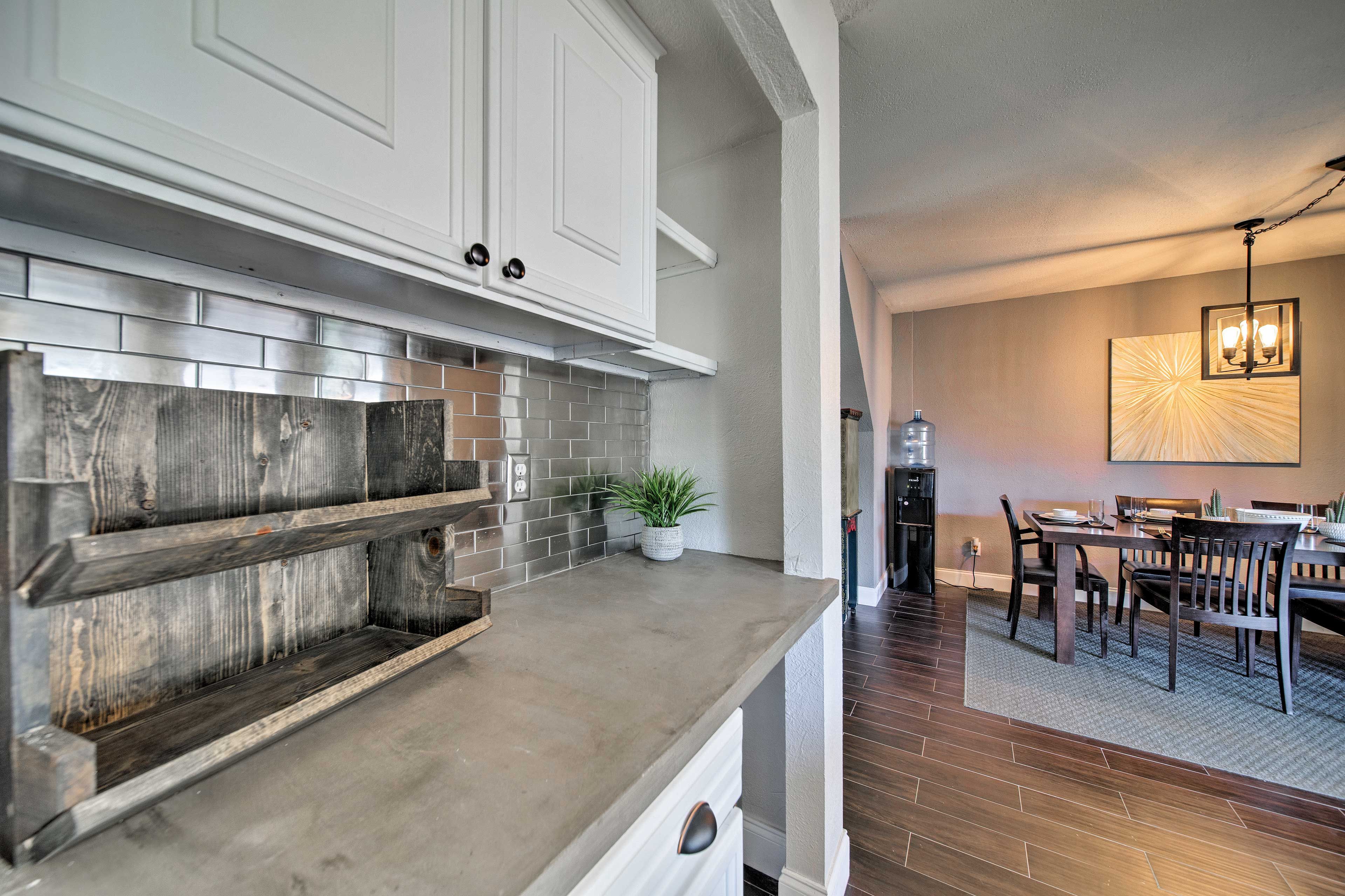 The kitchen offers a small nook for mixing drinks or getting your work done!