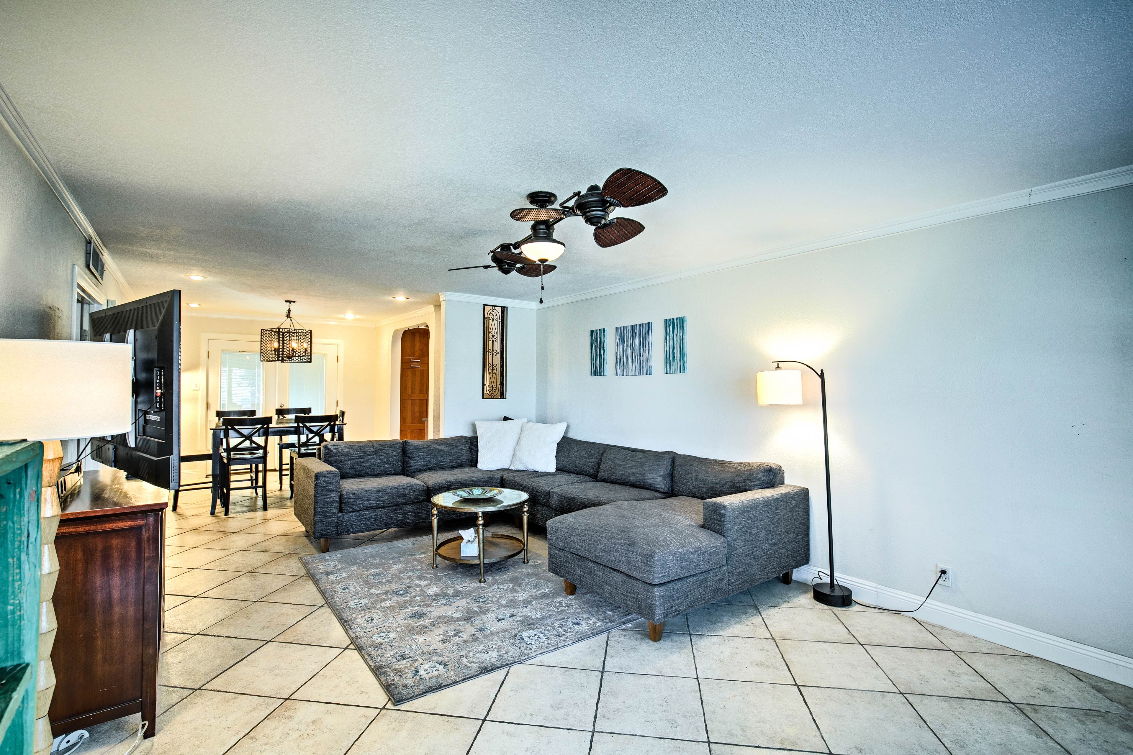 Relax on the couch and watch the flat-screen Smart TV.