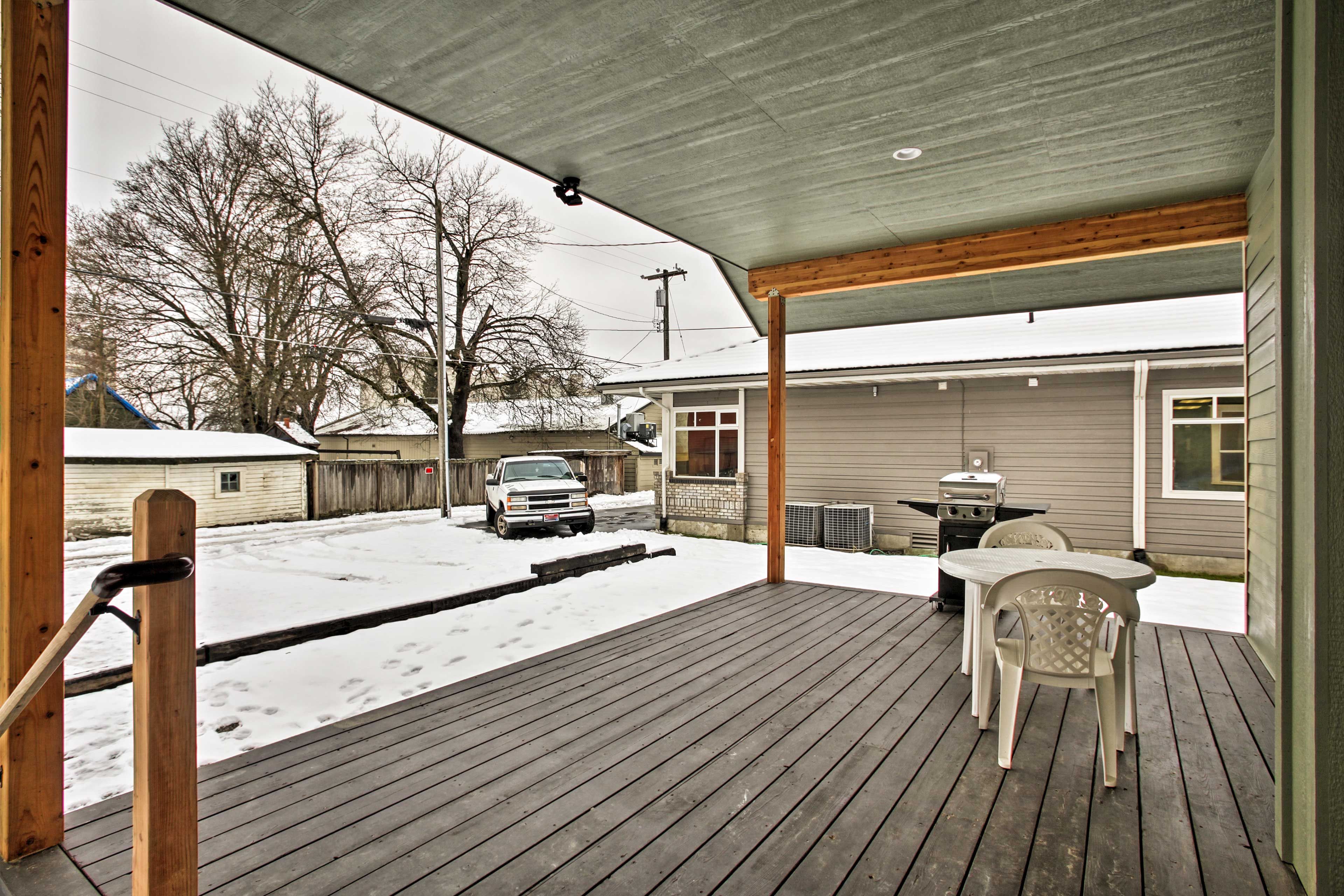 The covered deck is ideal year-round.