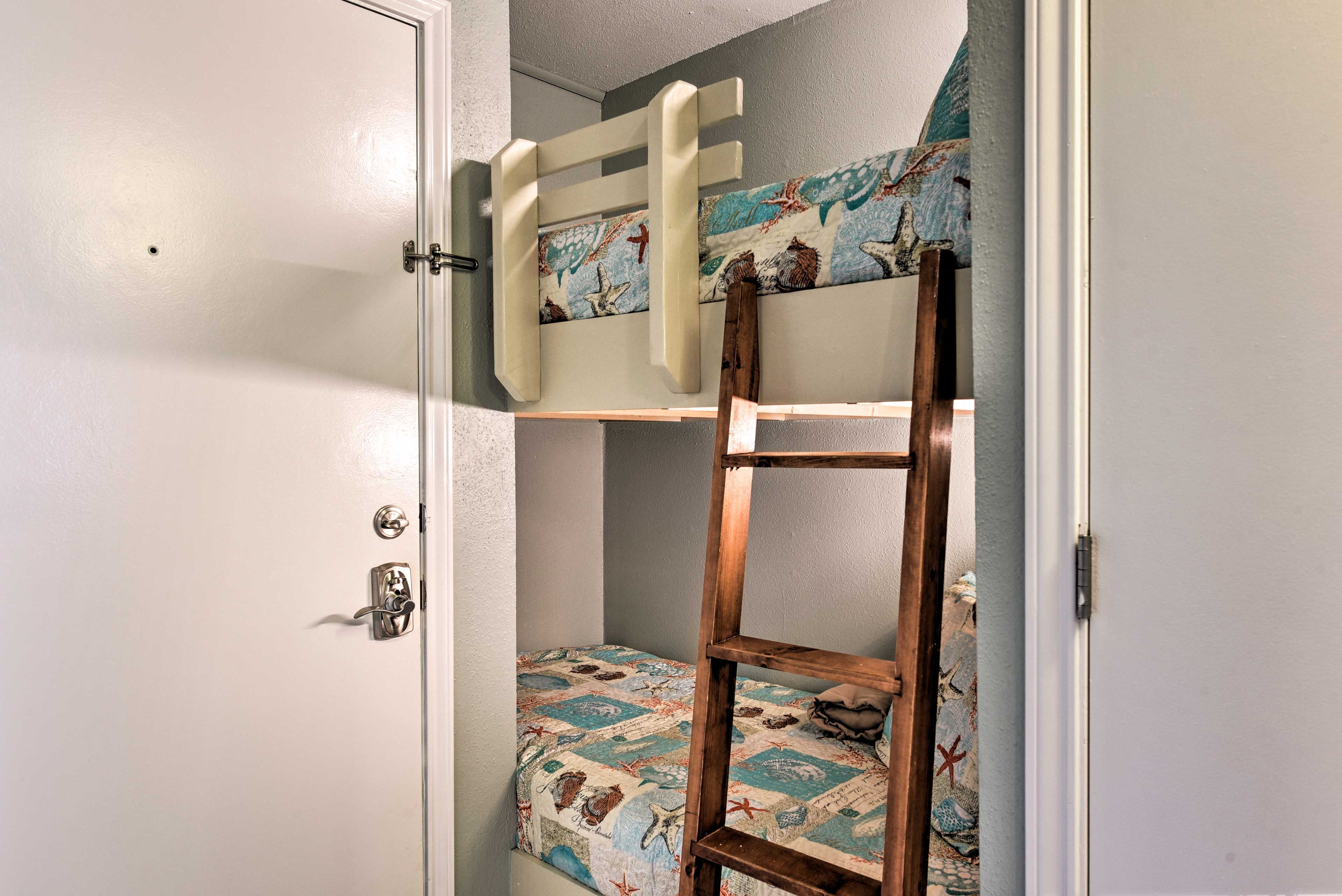 Perfect for kids, the home features a twin-over-twin bunk bed.