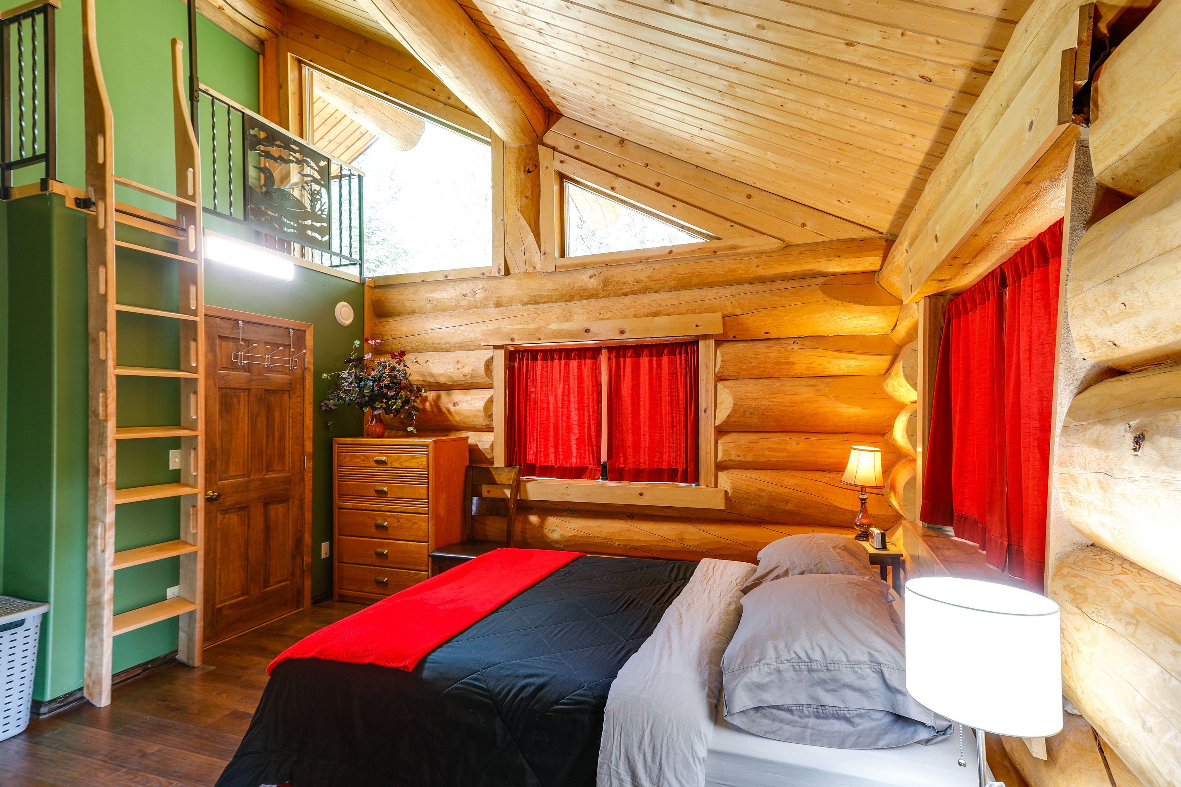 Bedroom 1 | Queen Bed | 2-Sided Fireplace | Laptop-Friendly Workspace