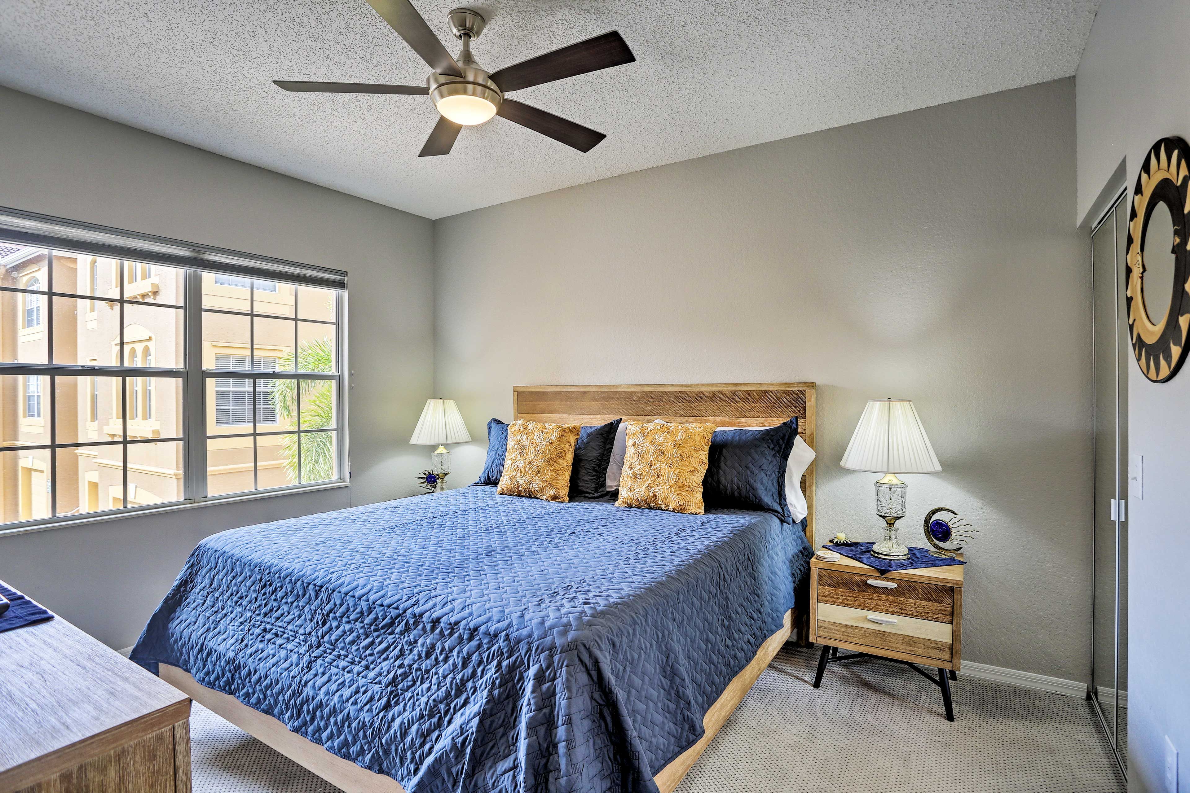 The primary bedroom offers a queen bed.