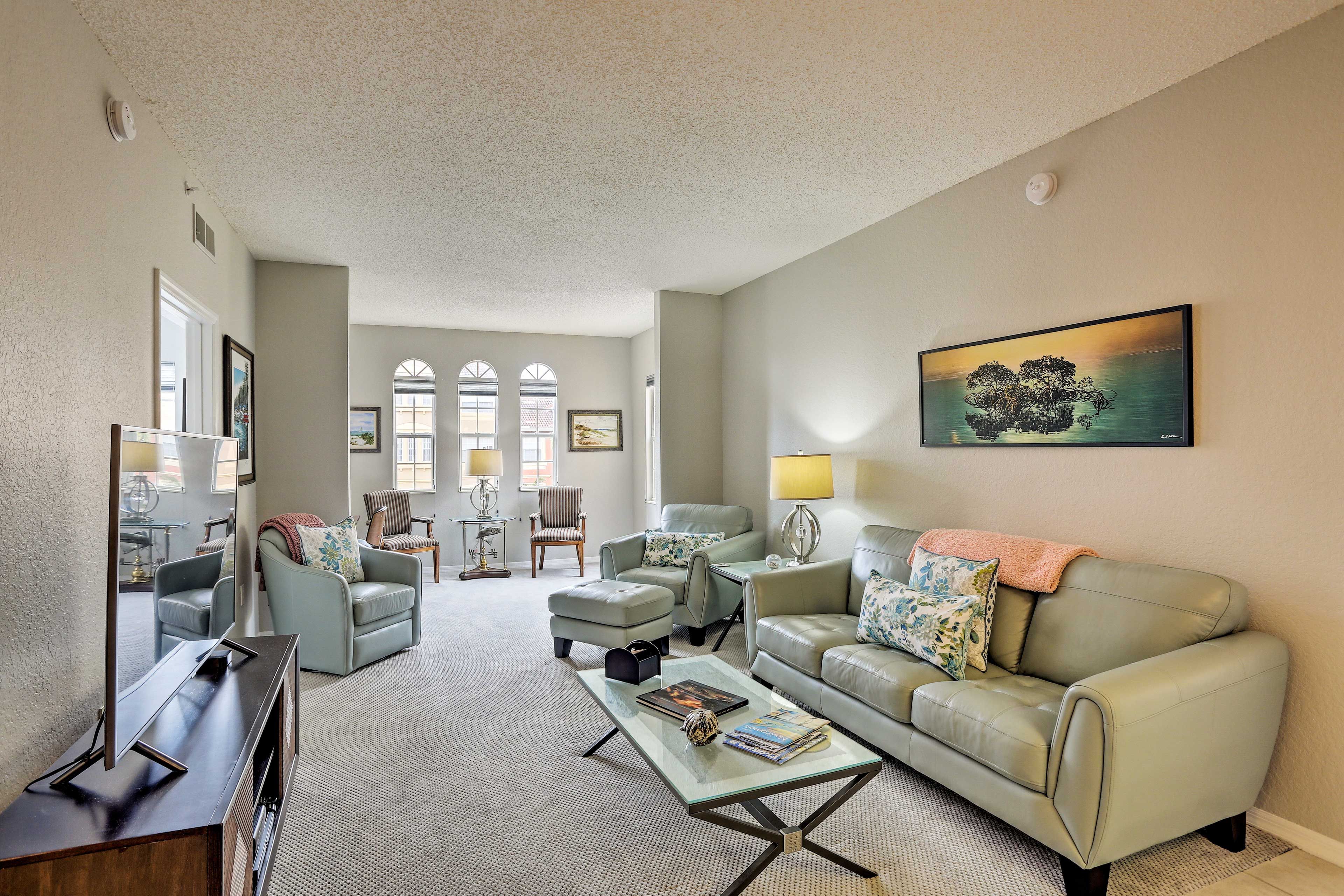 Kick back in the spacious living area, complete with a Smart TV.