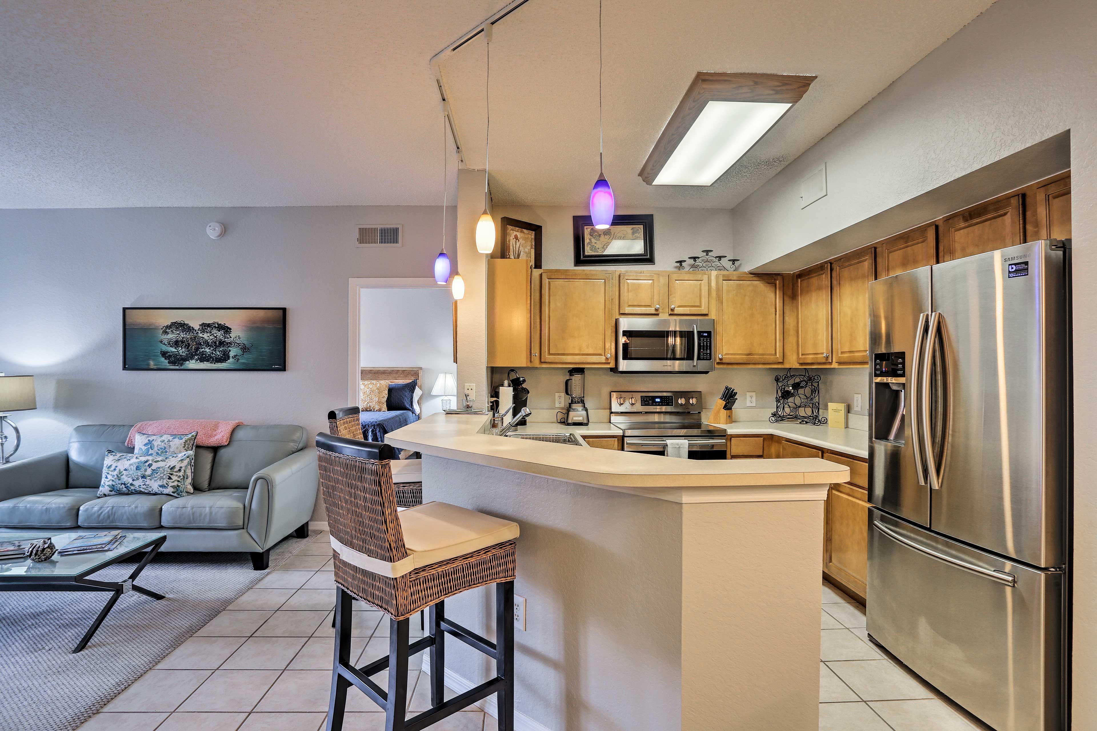 The kitchen offers stainless steel appliances for all of your cooking needs.