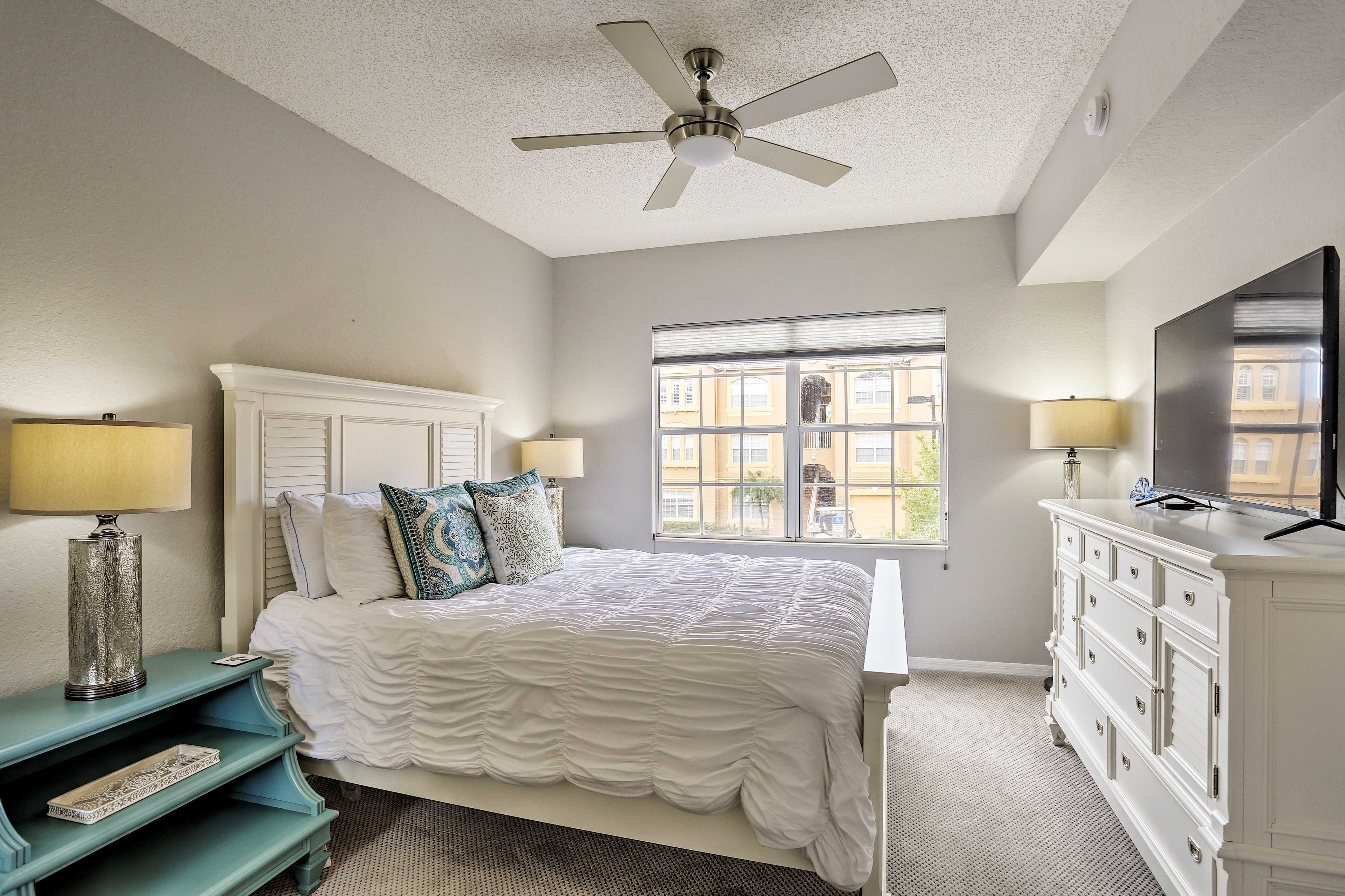 You'll fall asleep easily beneath the breeze of the ceiling fan.