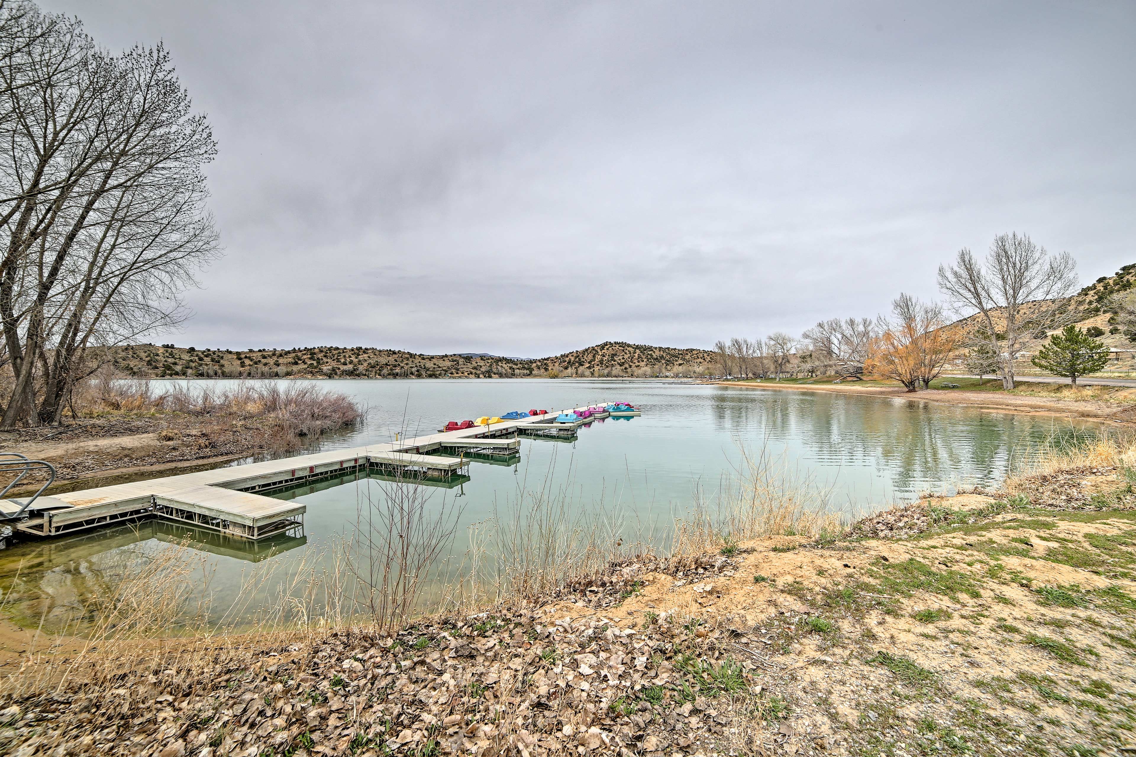 The reservoir dock makes a picturesque starting point for your boating endeavor.