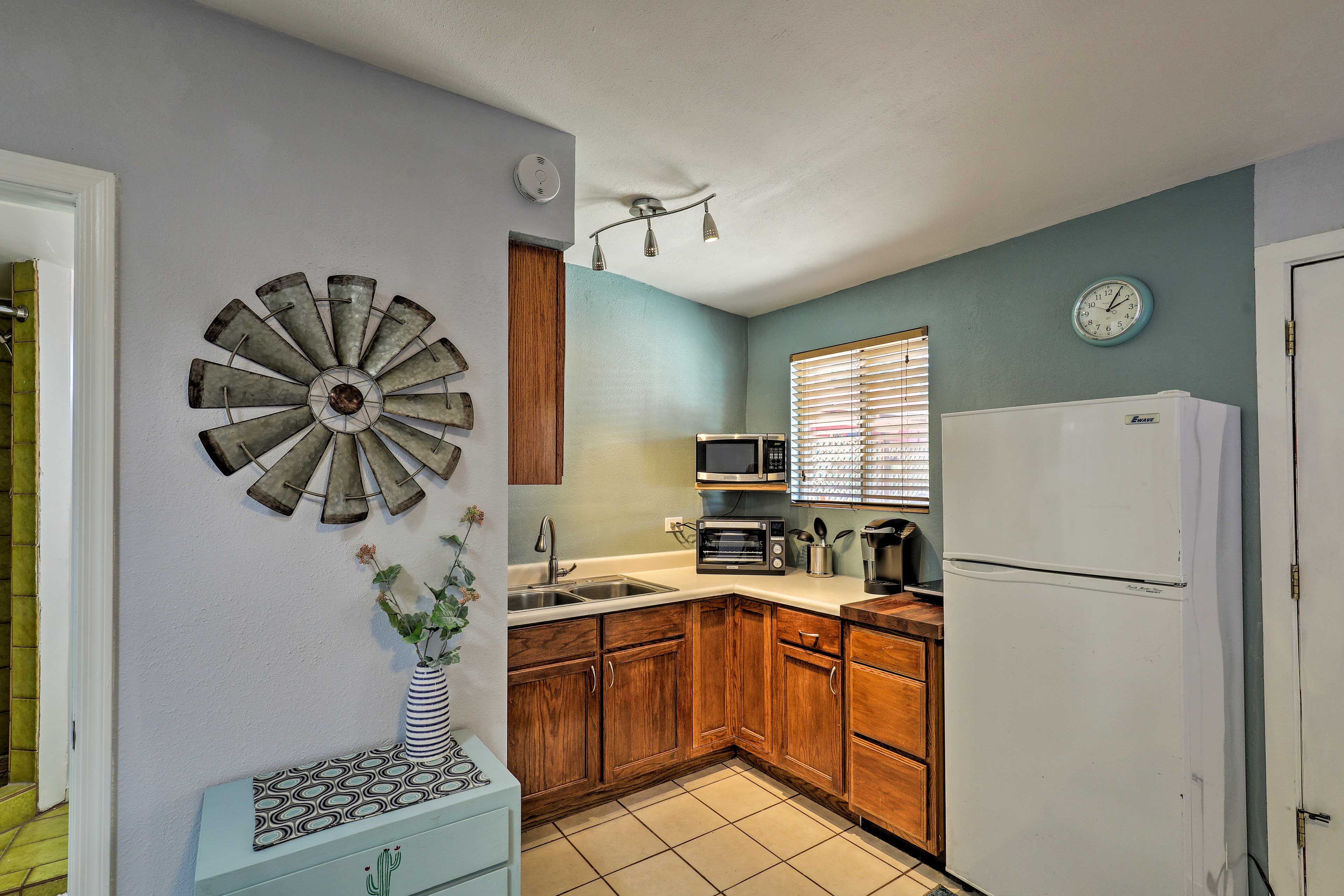 The cooking space features a microwave, a Keurig, a toaster oven and more!
