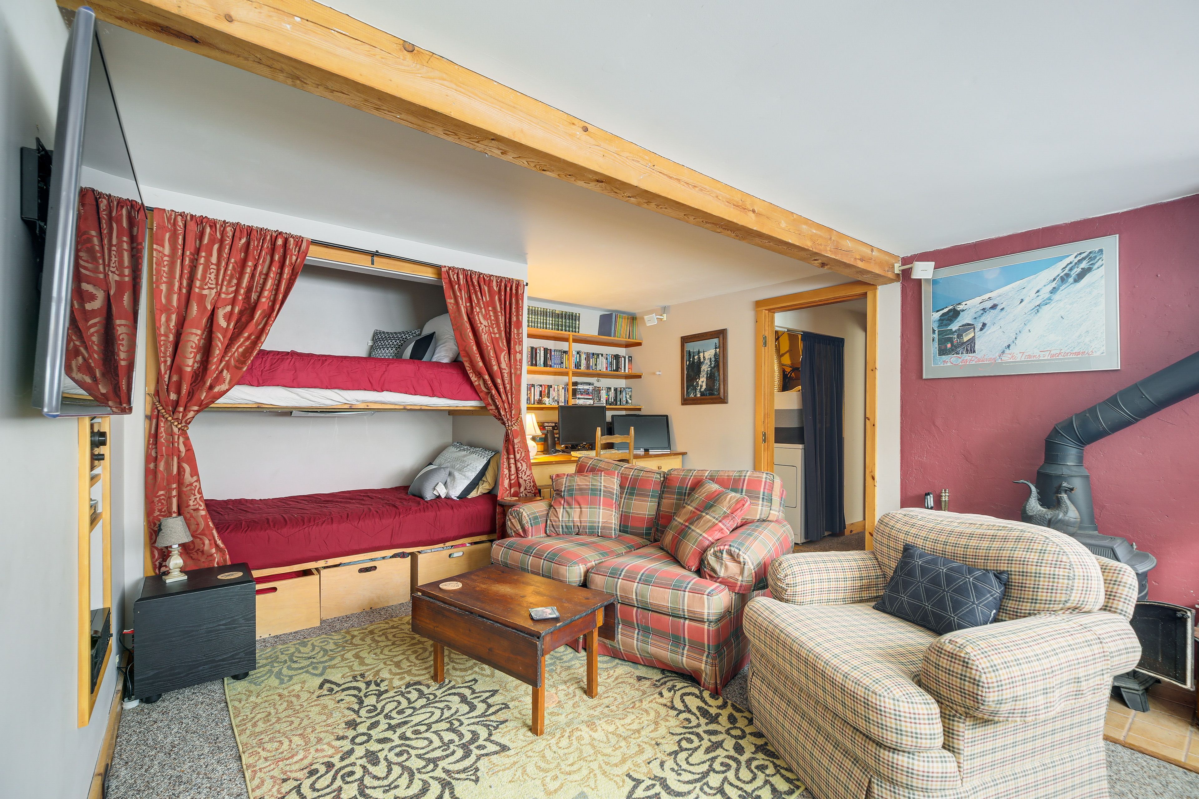 Downstairs Living Room | Twin Bunk Bed | Futon | Dedicated Workspace