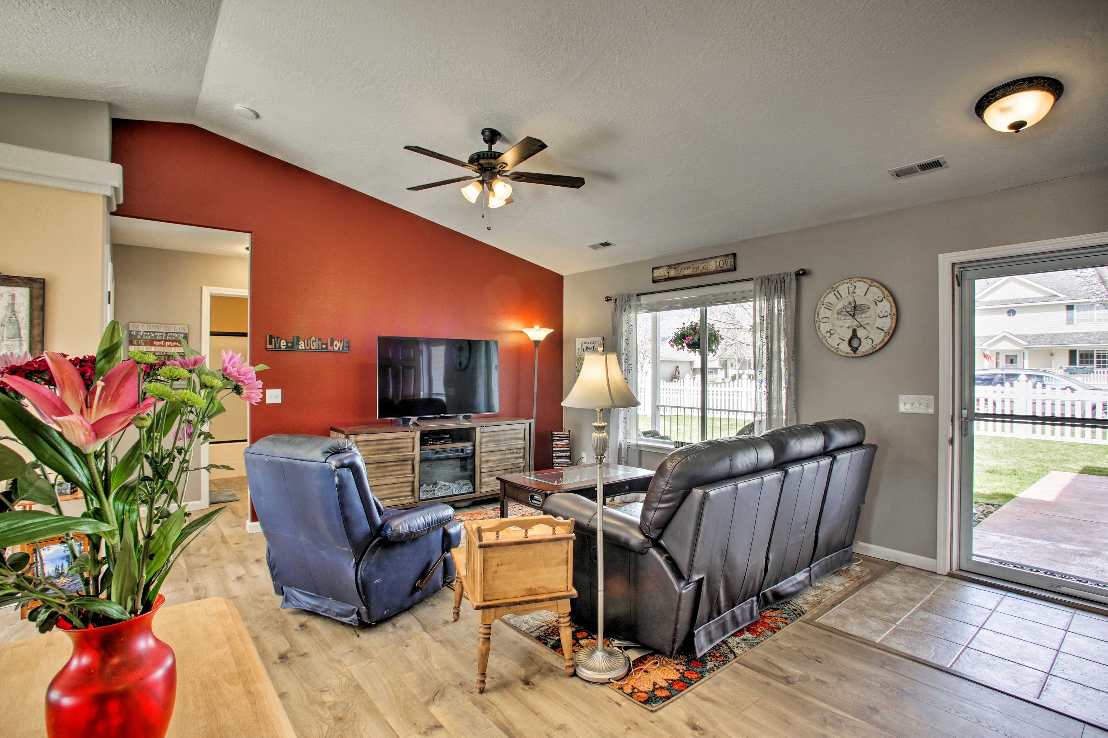 Unwind with family favorites on the flat-screen TV.