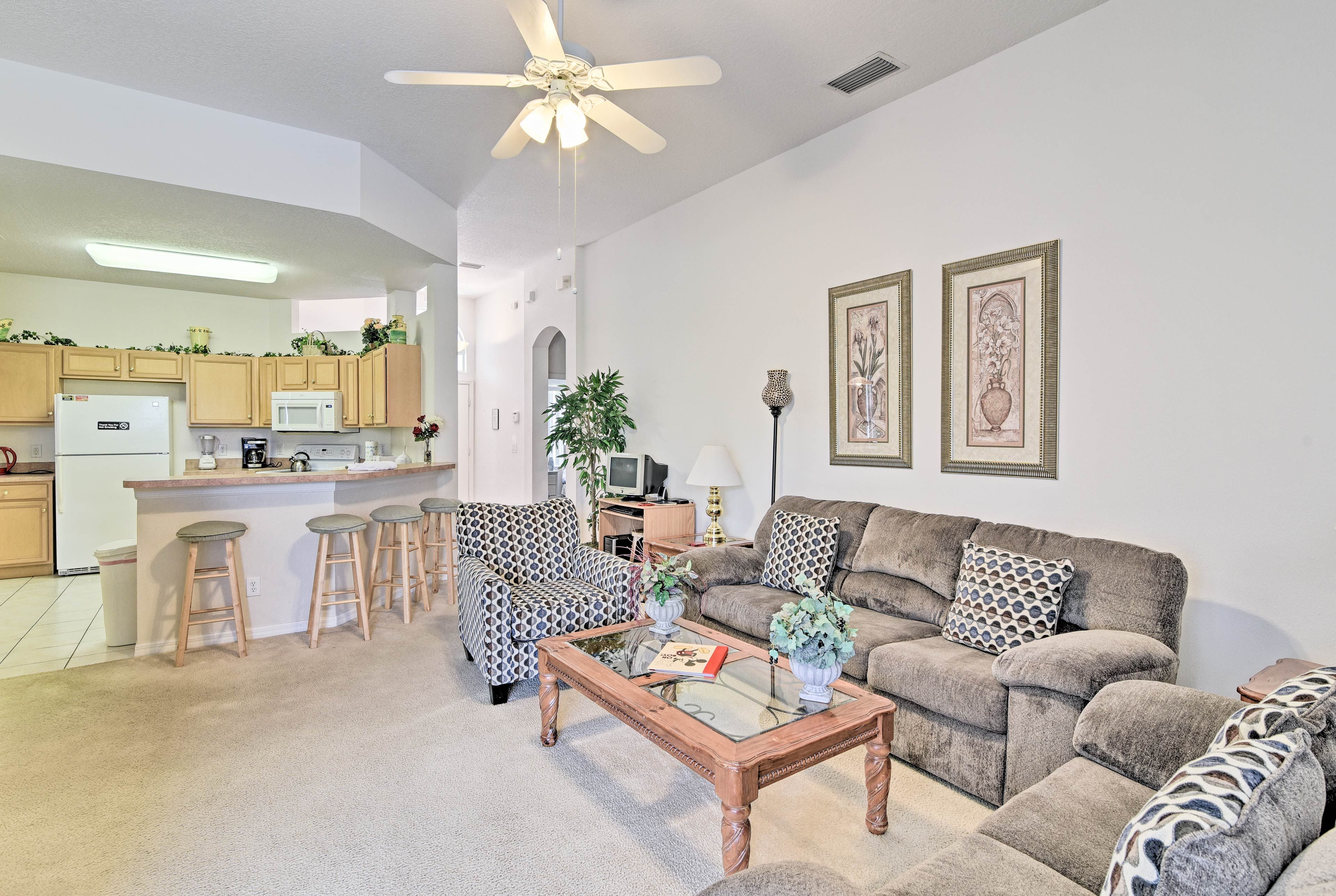 You'll be steps from the kitchen as you curl up on the couch.