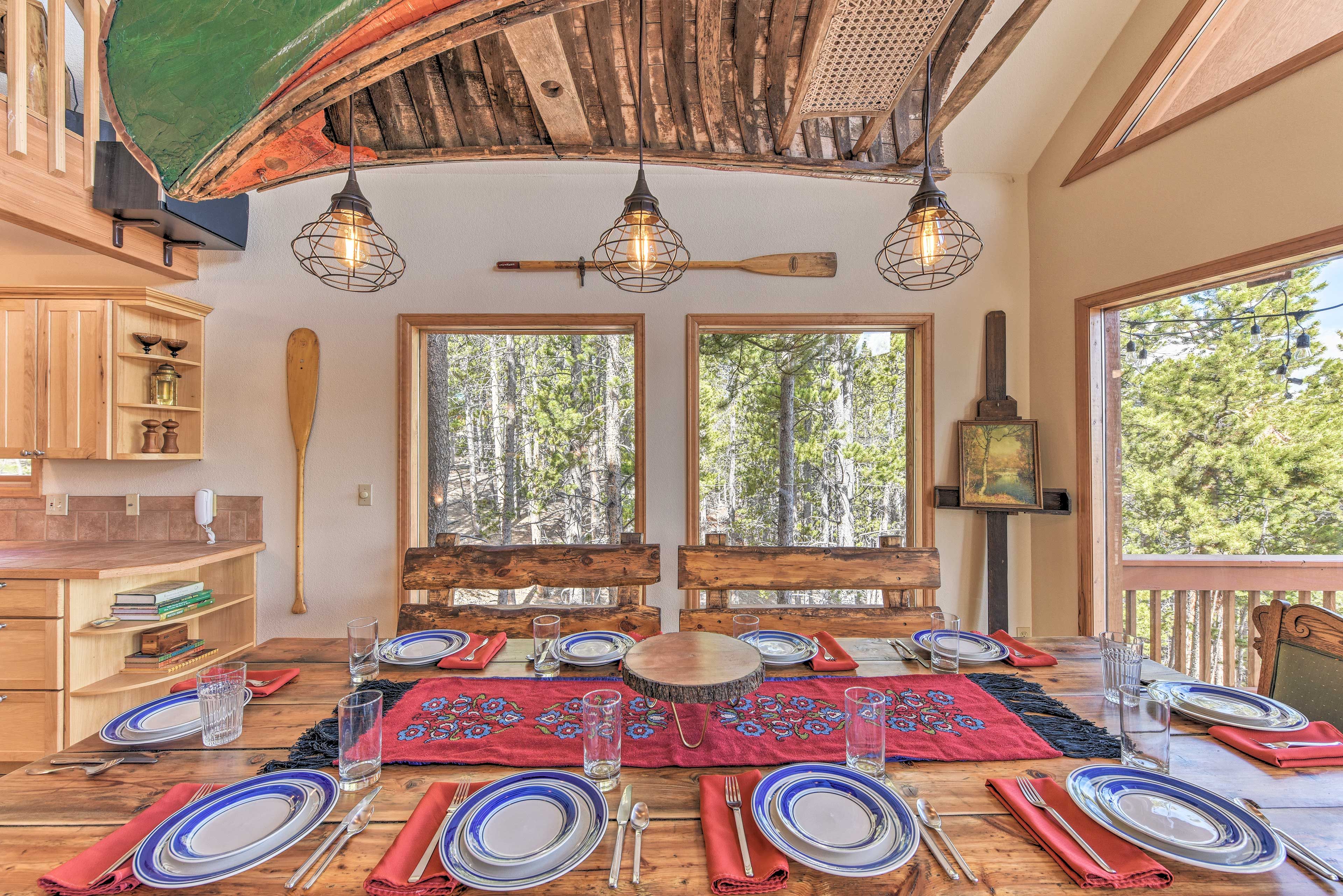Dine under the canoe that's been perfectly refurbished into a unique chandelier.