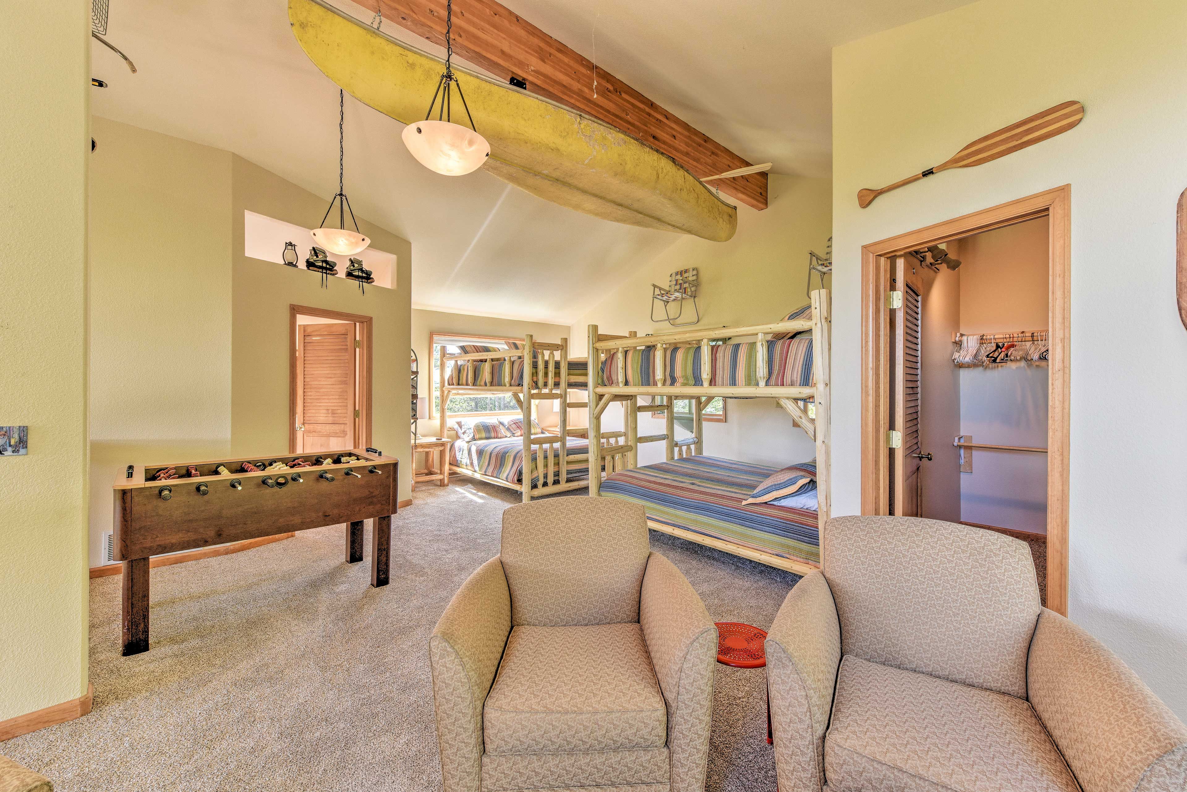 The loft also features 2 queen bunks, a Foosball table & a full bathroom.
