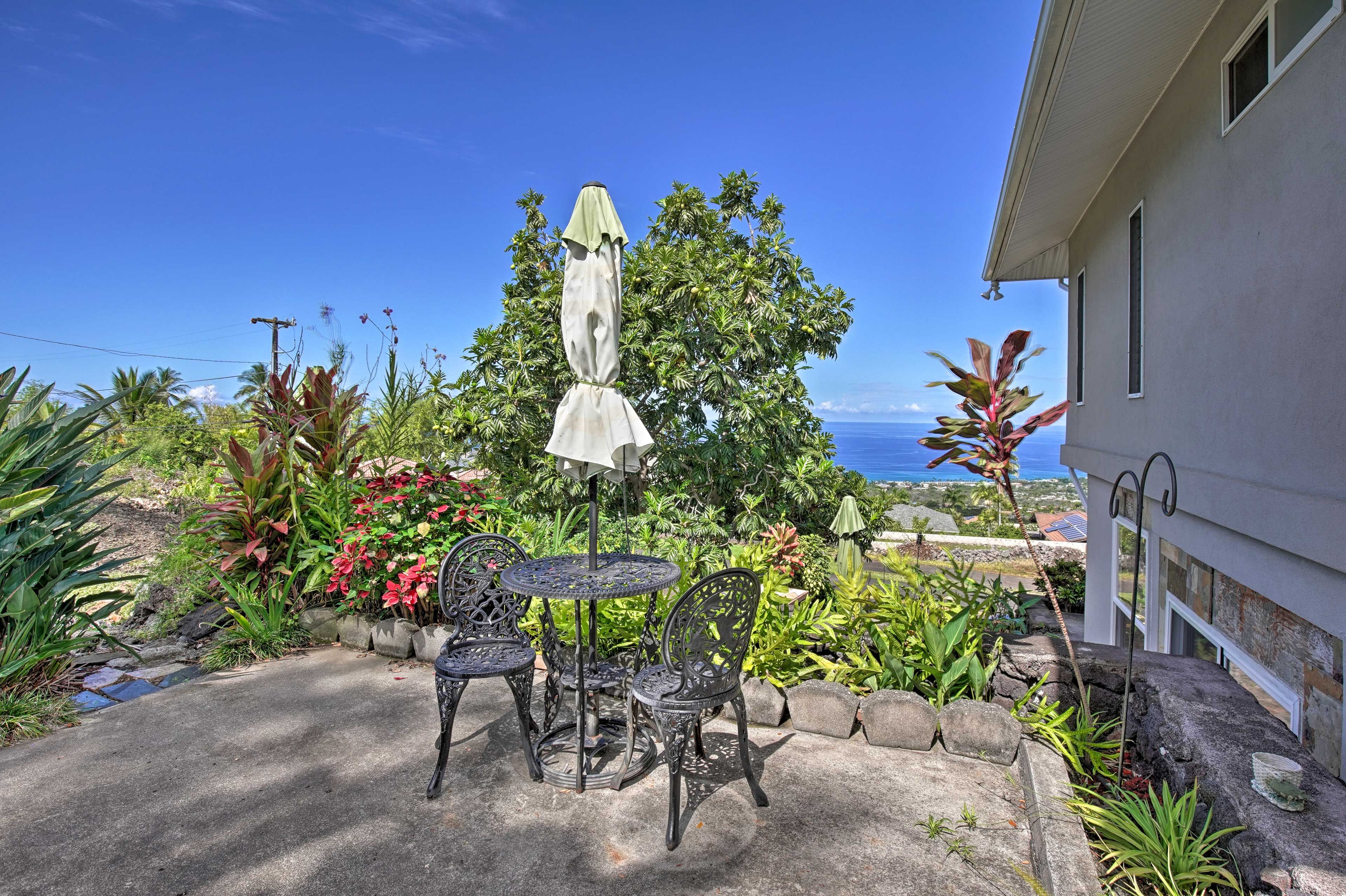 Brew some Kona coffee to enjoy out at the bistro table.