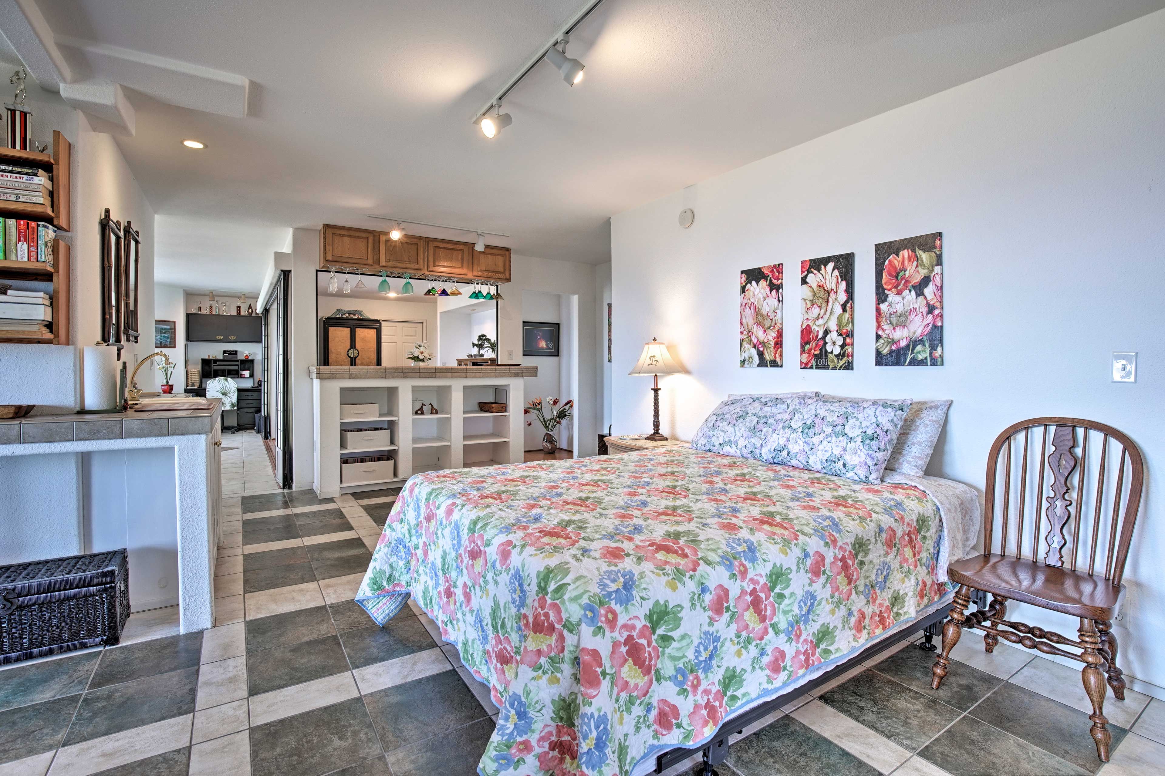 You'll find this queen bed on the other side of the 'man cave' downstairs.