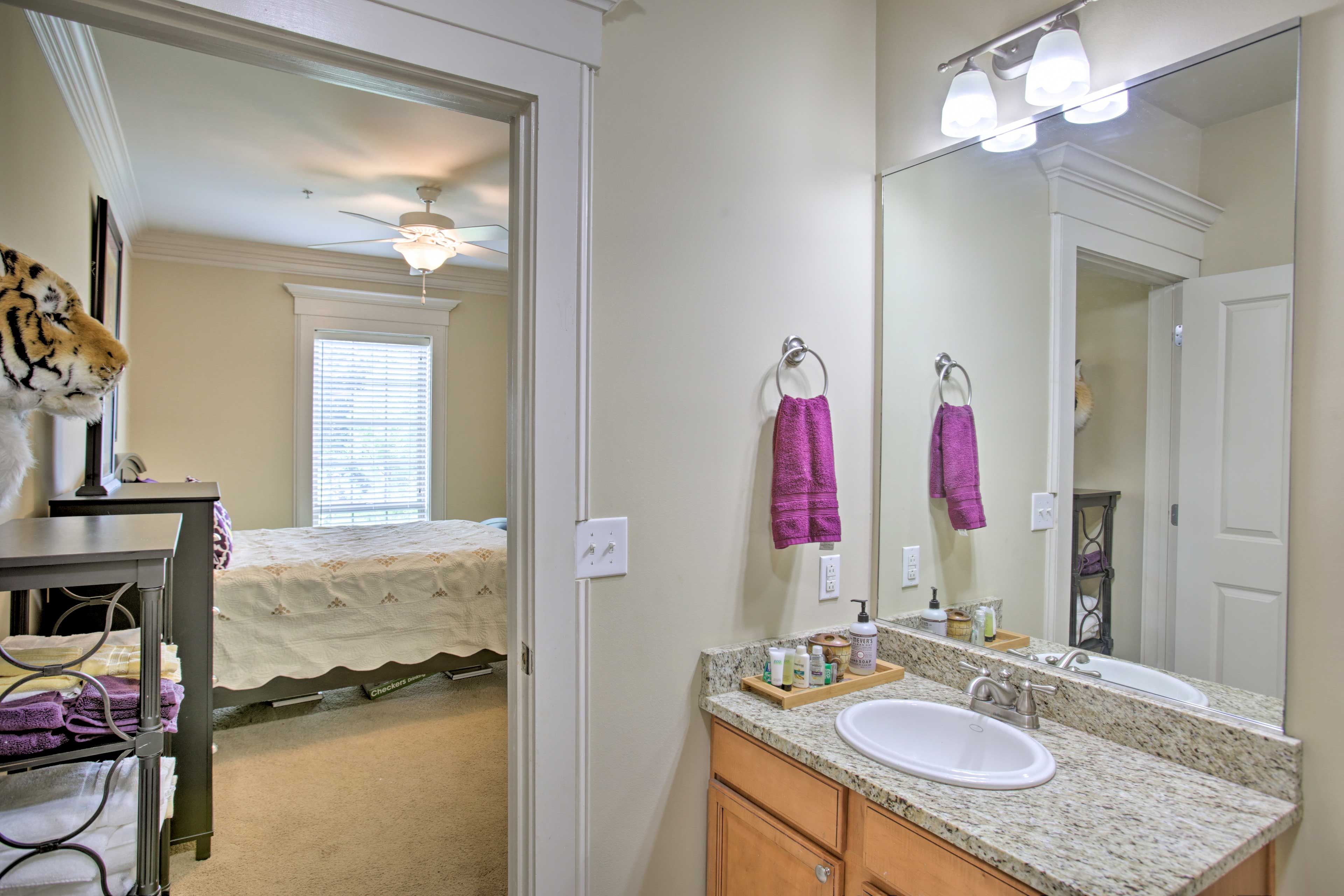 The bathroom comes stocked with fresh towels. They're purple, of course!