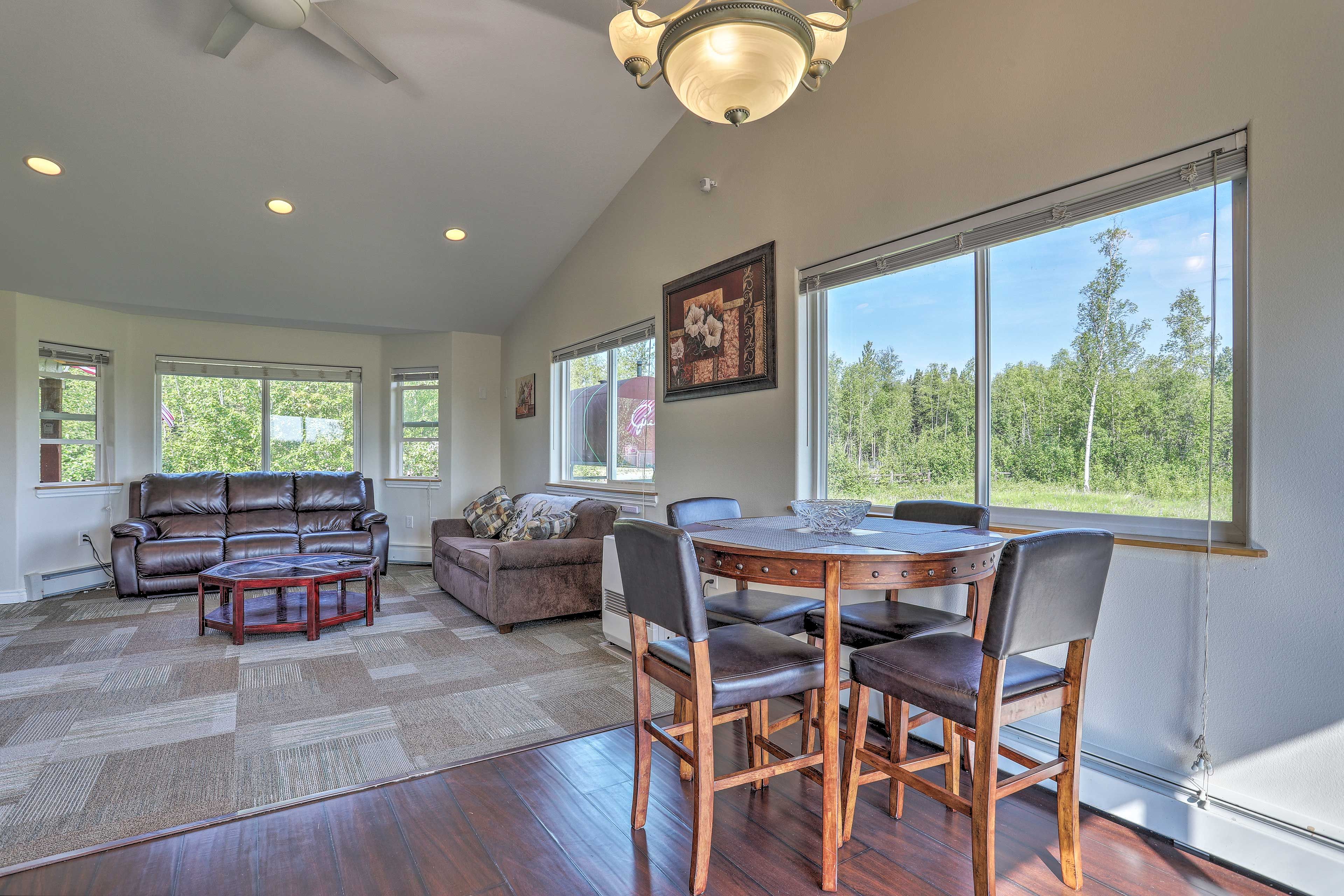 Access the back patio through the sliding glass doors.