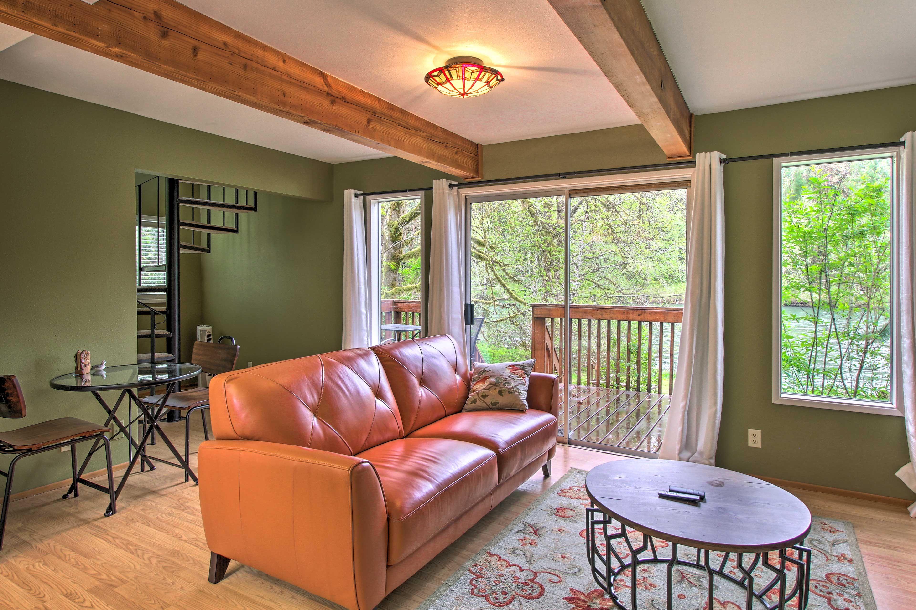 After a day whitewater rafting, kick back on the couch in the living area.