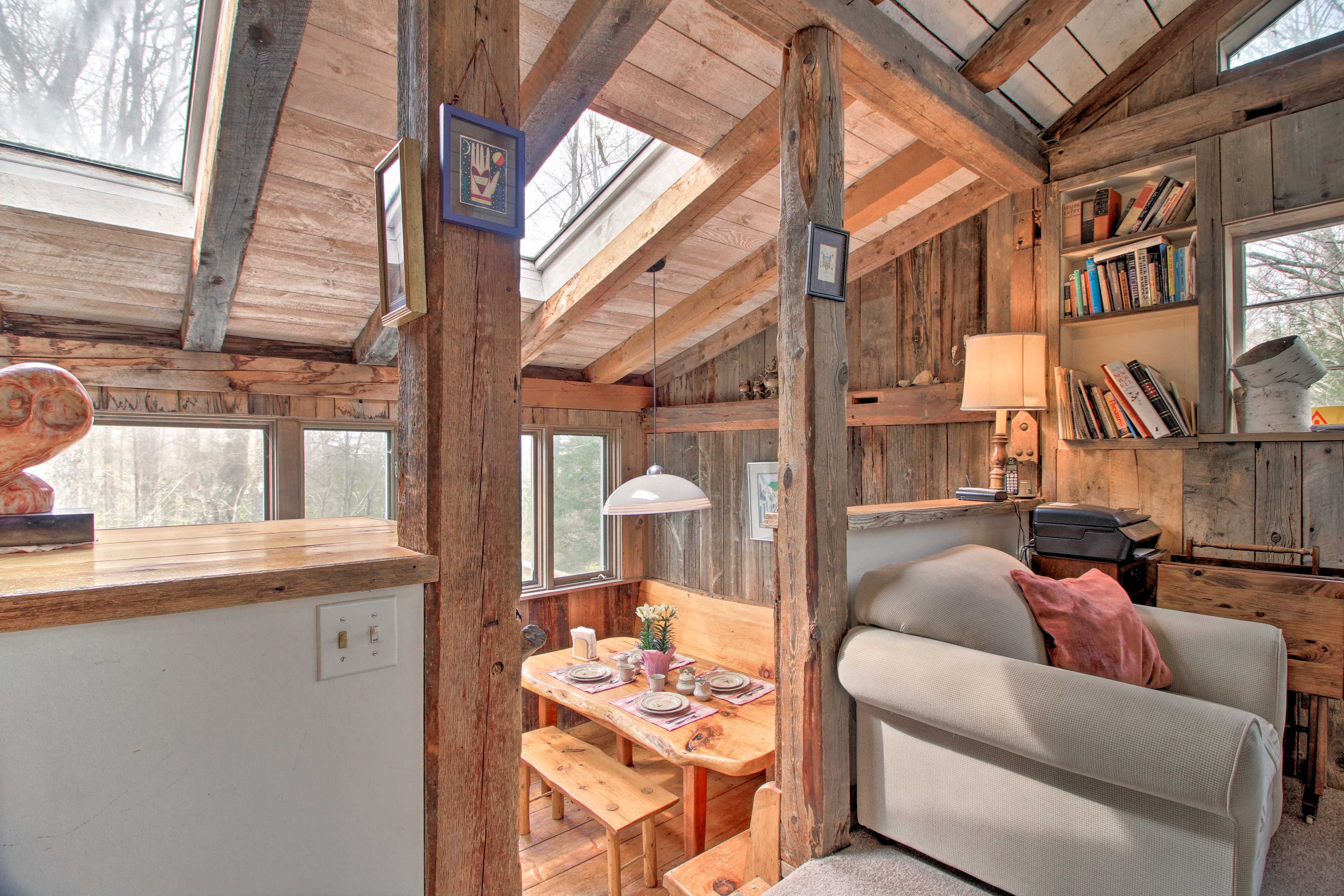 Step down into the kitchen and dining area.