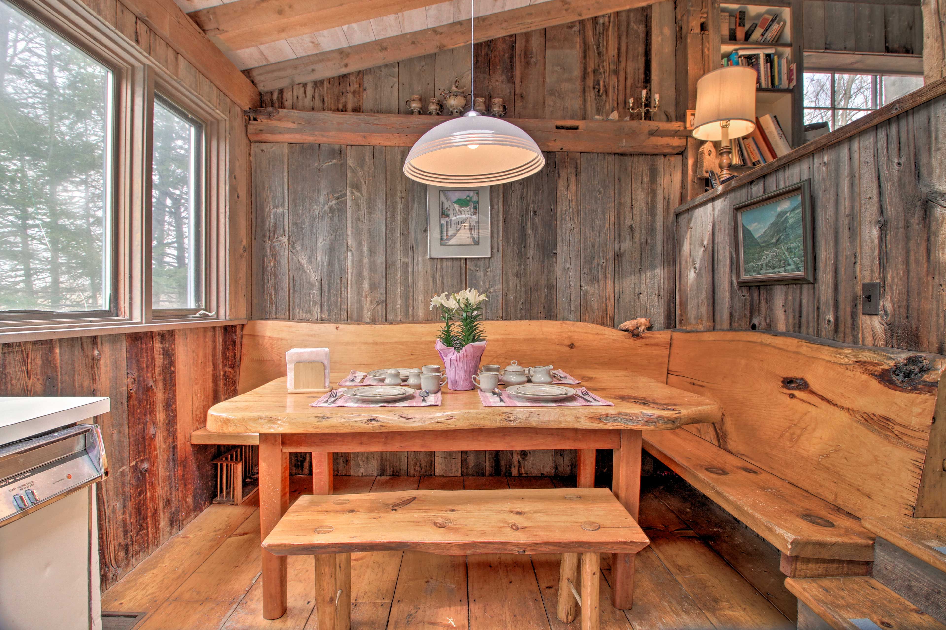 A custom-made wraparound bench serves as the unique dining table.