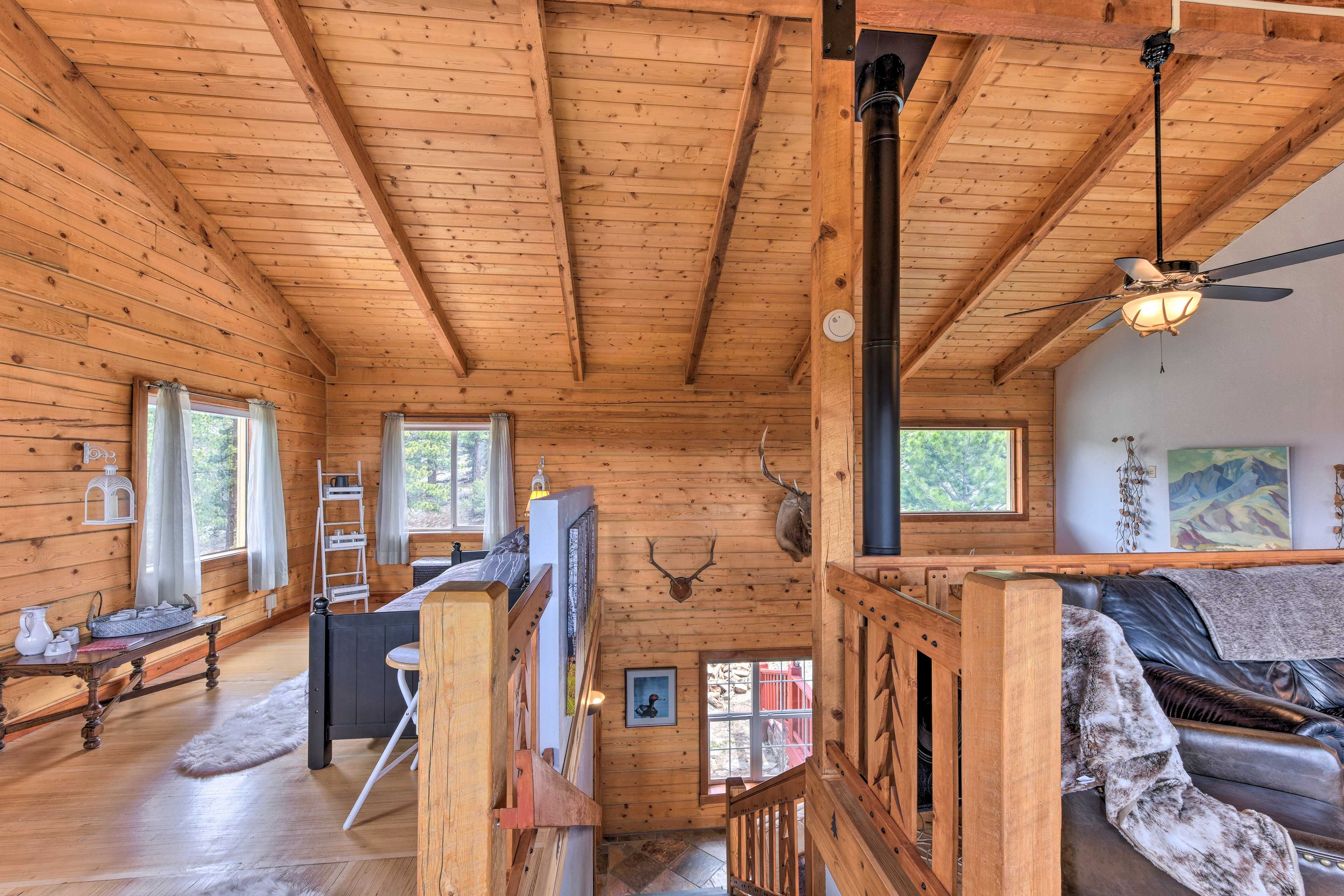 The great room is located upstairs.