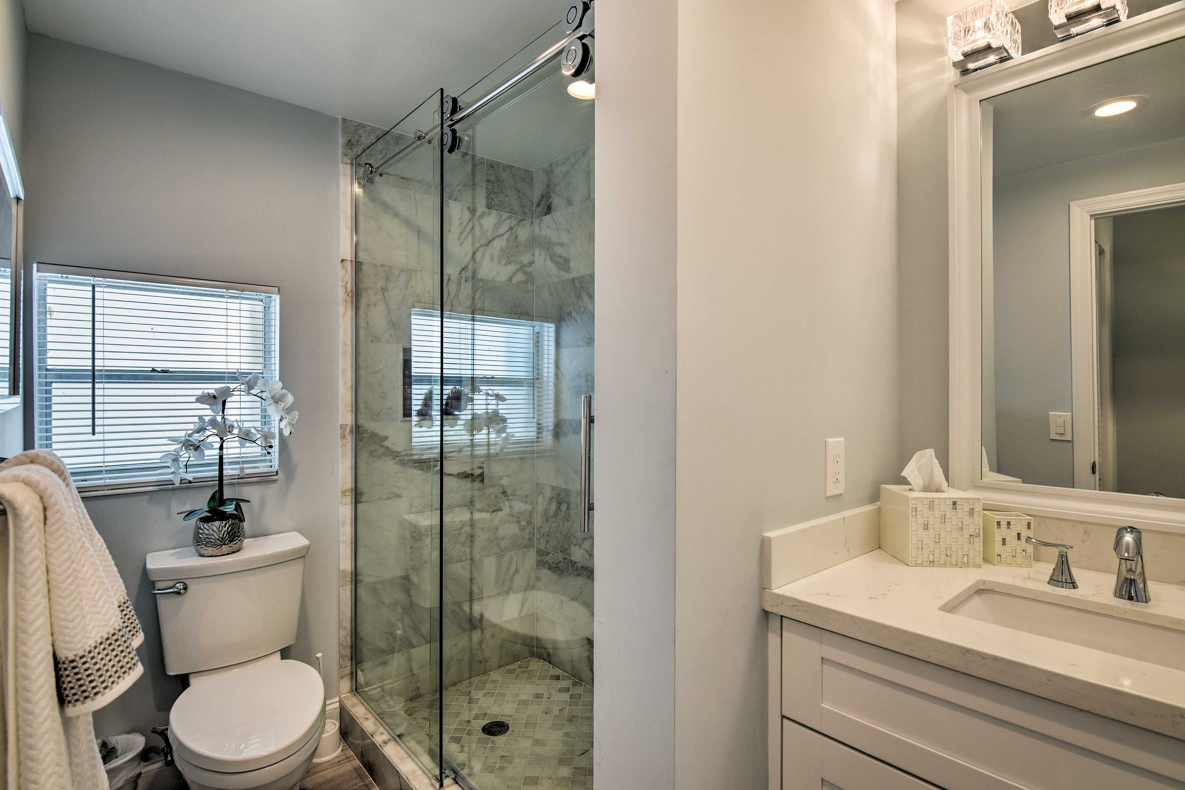 Rinse off in the walk-in shower.