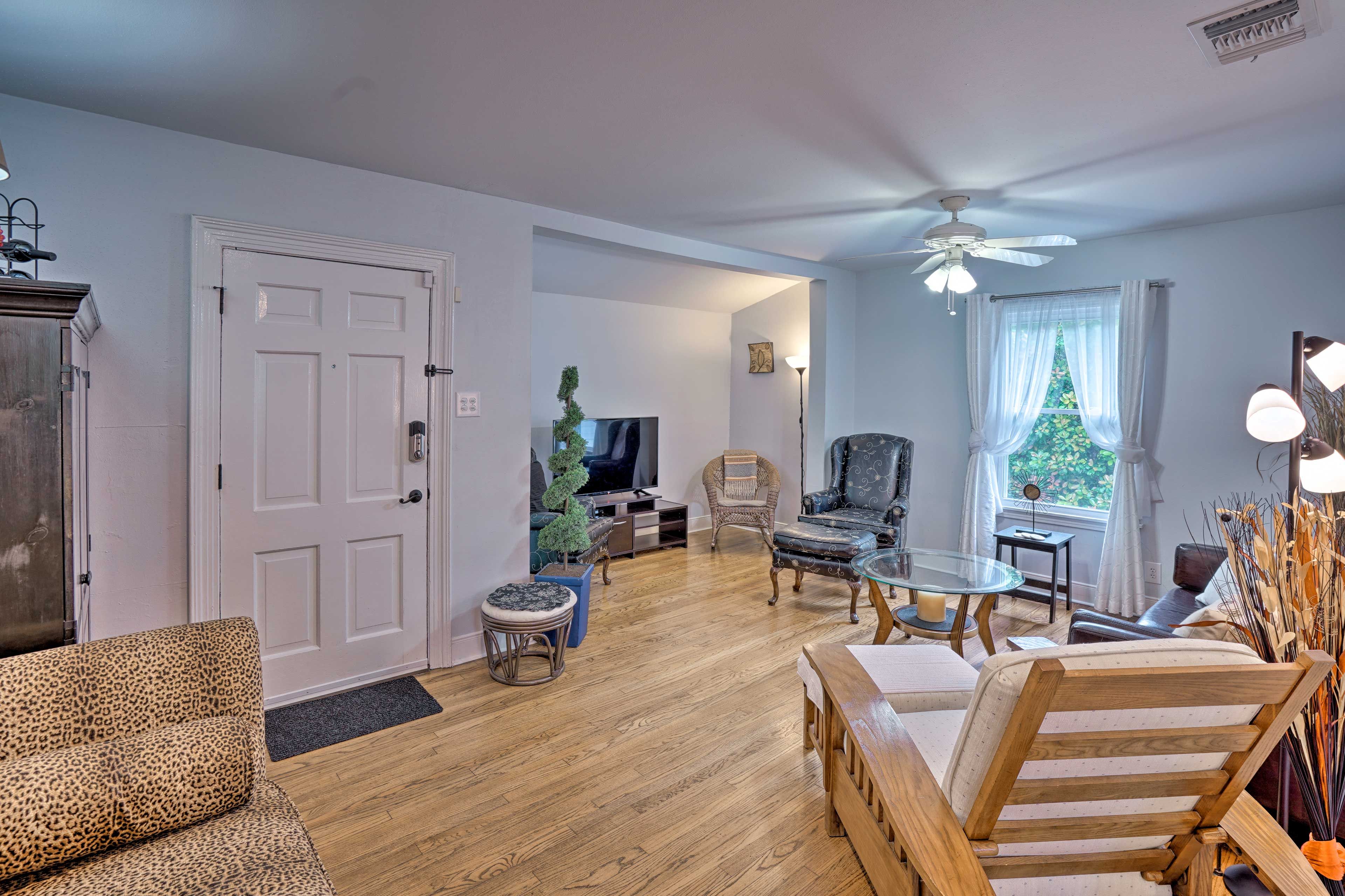 Hardwood floors span the open living area.