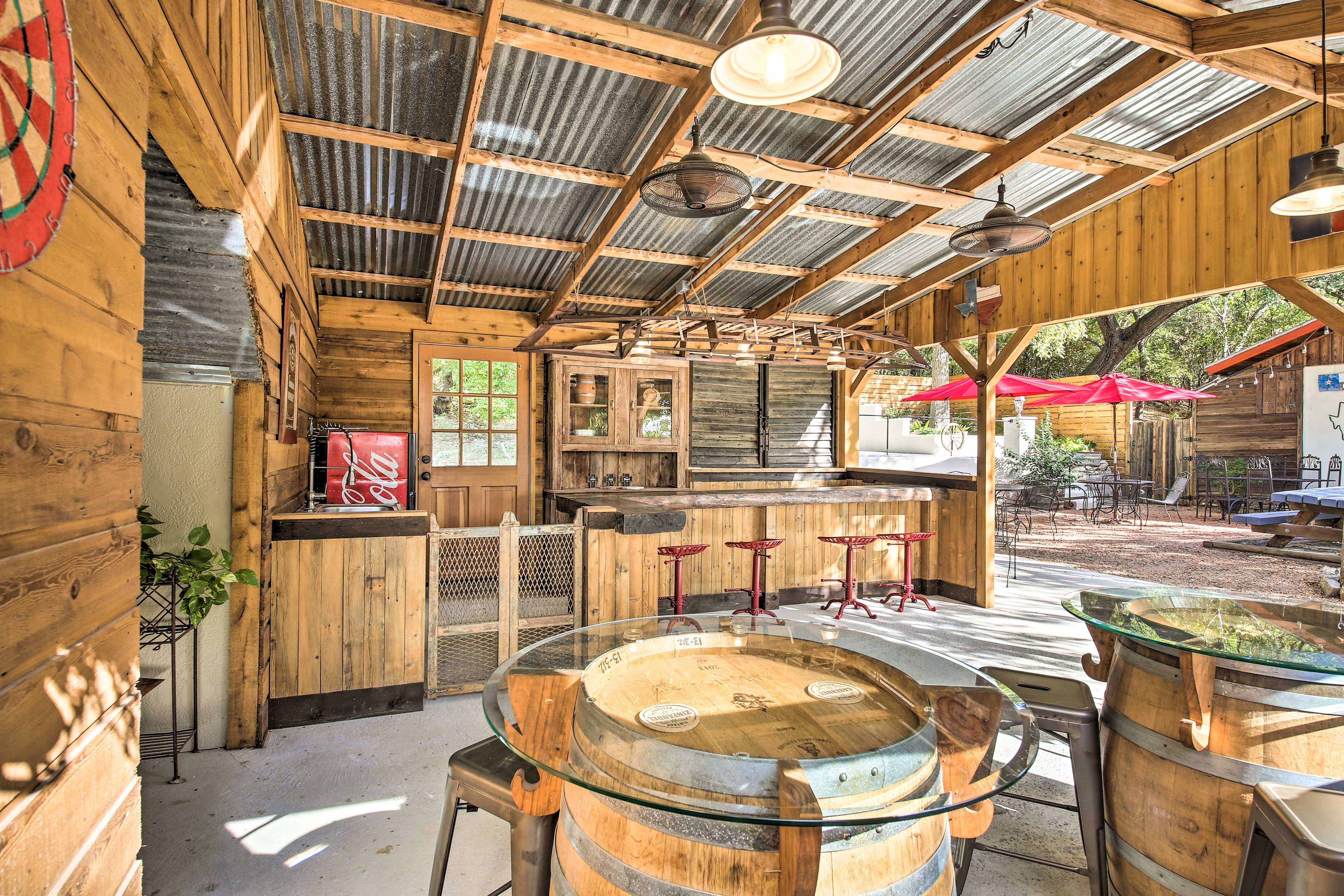 Take a seat at a barrel table or on a tractor seat bar stool.