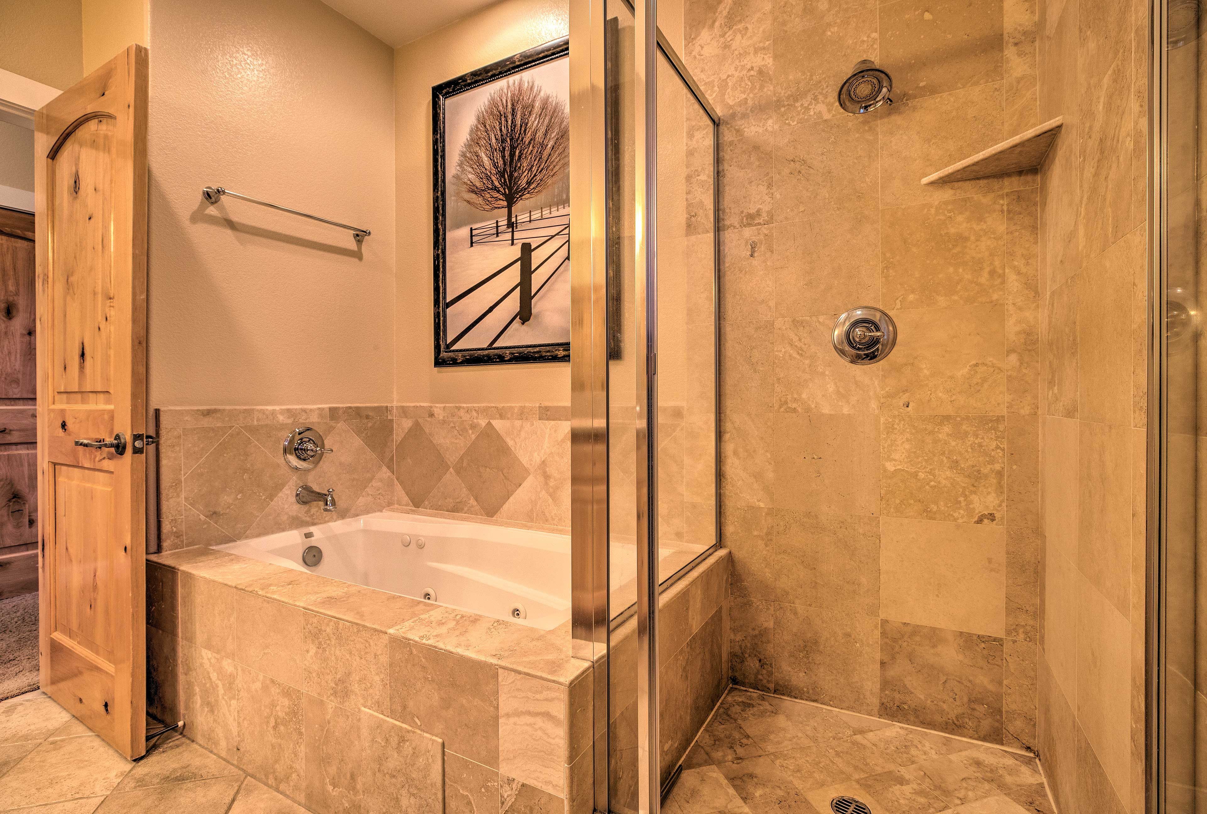 Rinse off in the walk-in shower or soak in the separate tub.