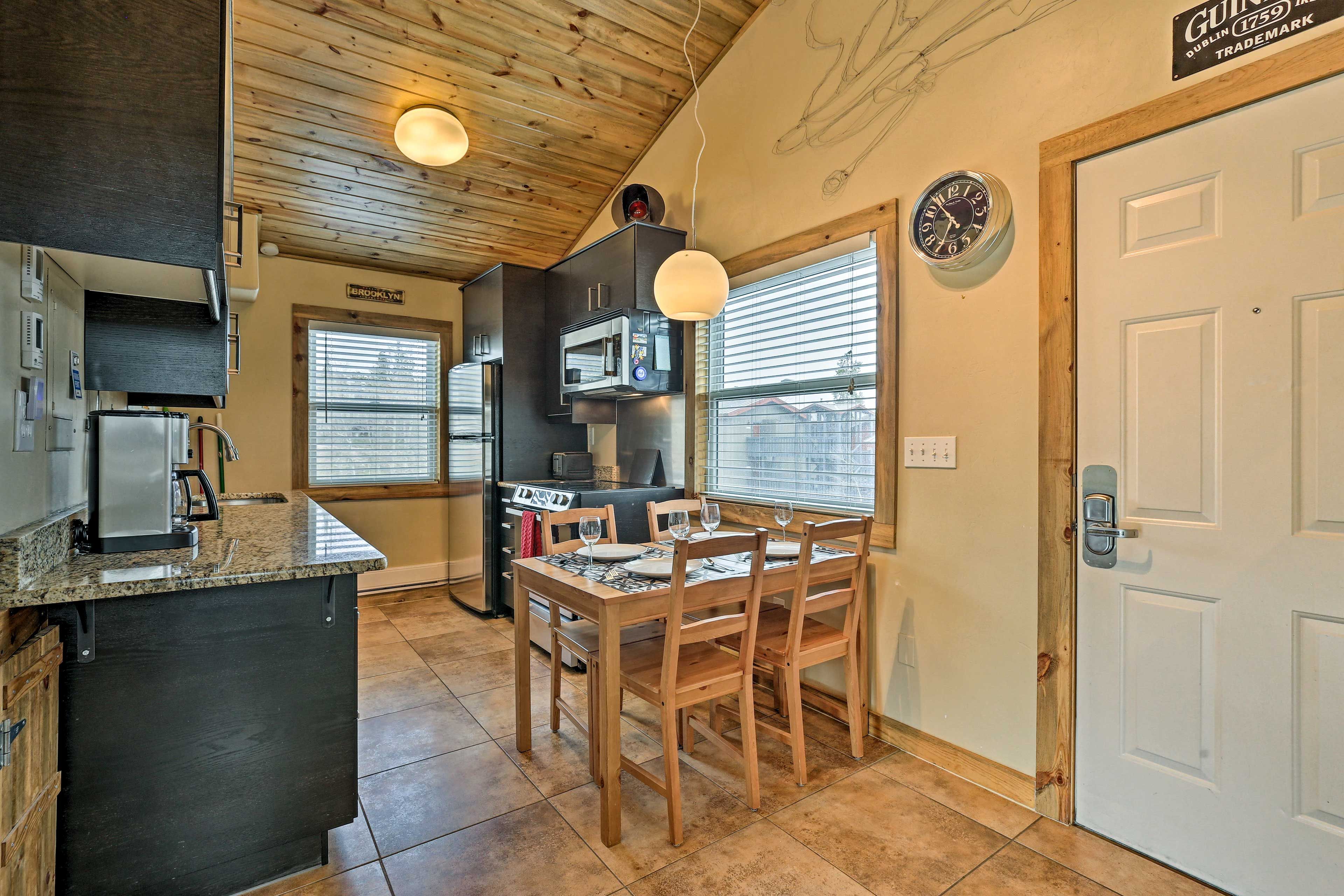 The condo is located on the third floor and features vaulted ceilings.