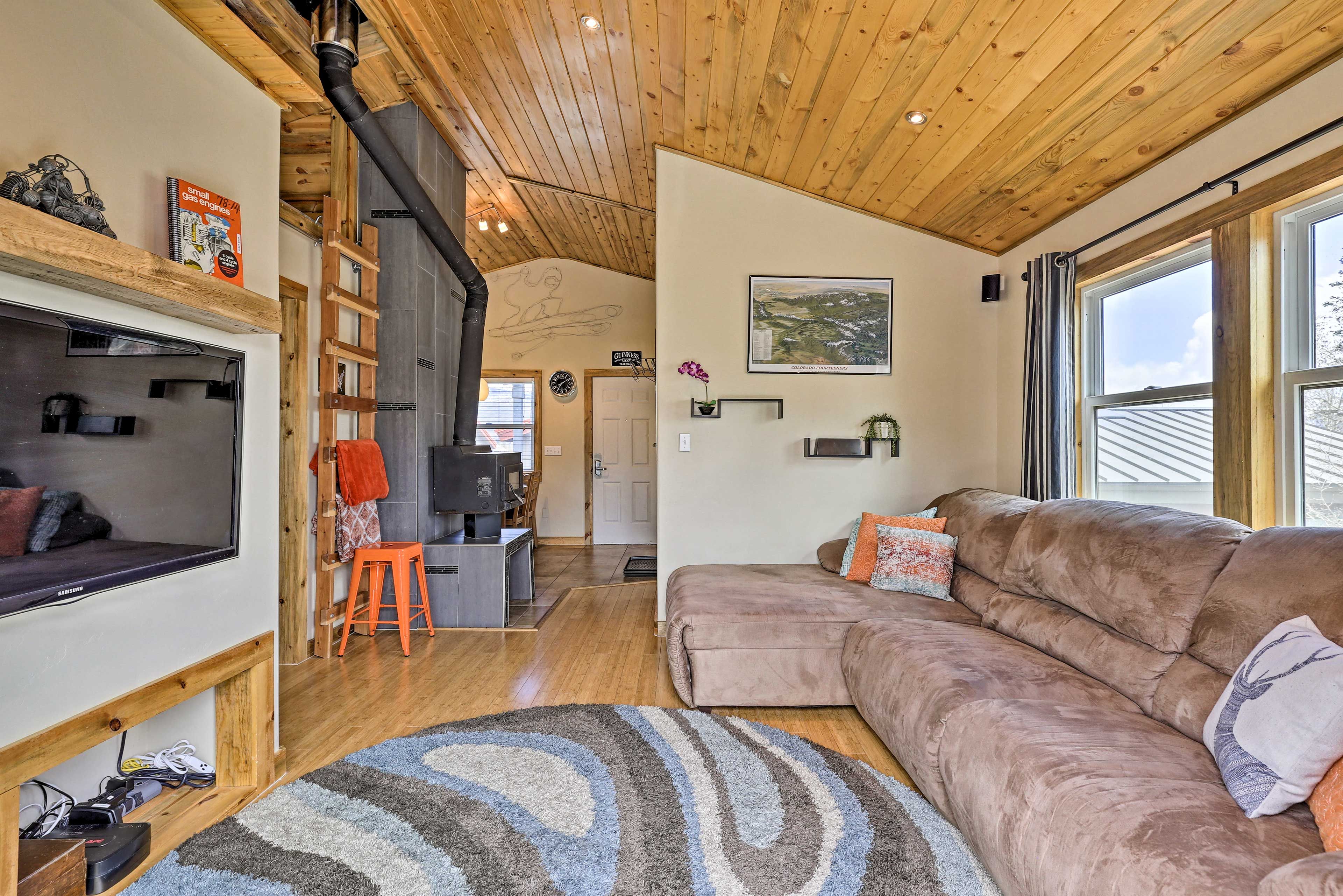 The home features a stove to help keep you warm and cozy.