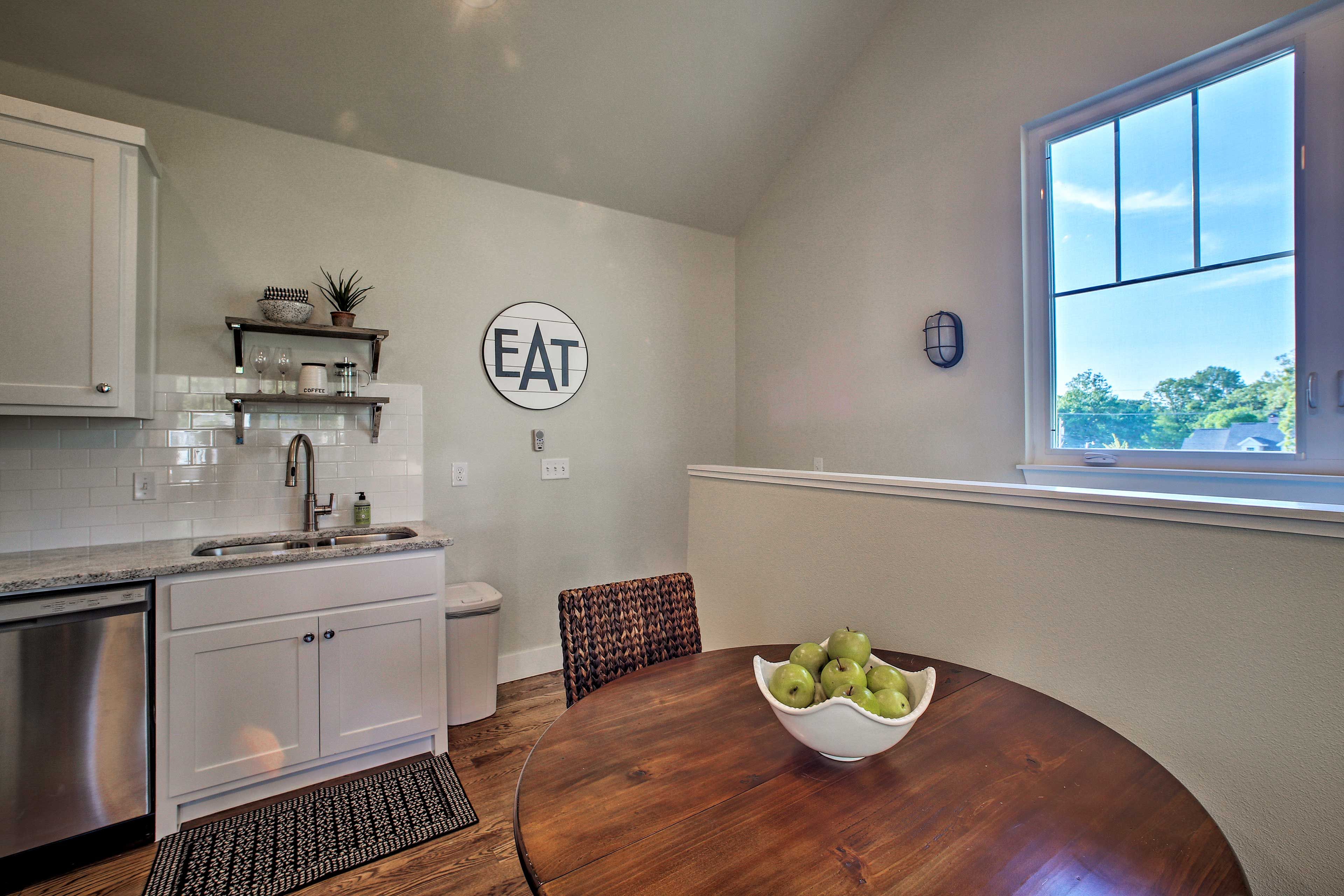 The vaulted ceilings lend a touch of airiness to the open living space.