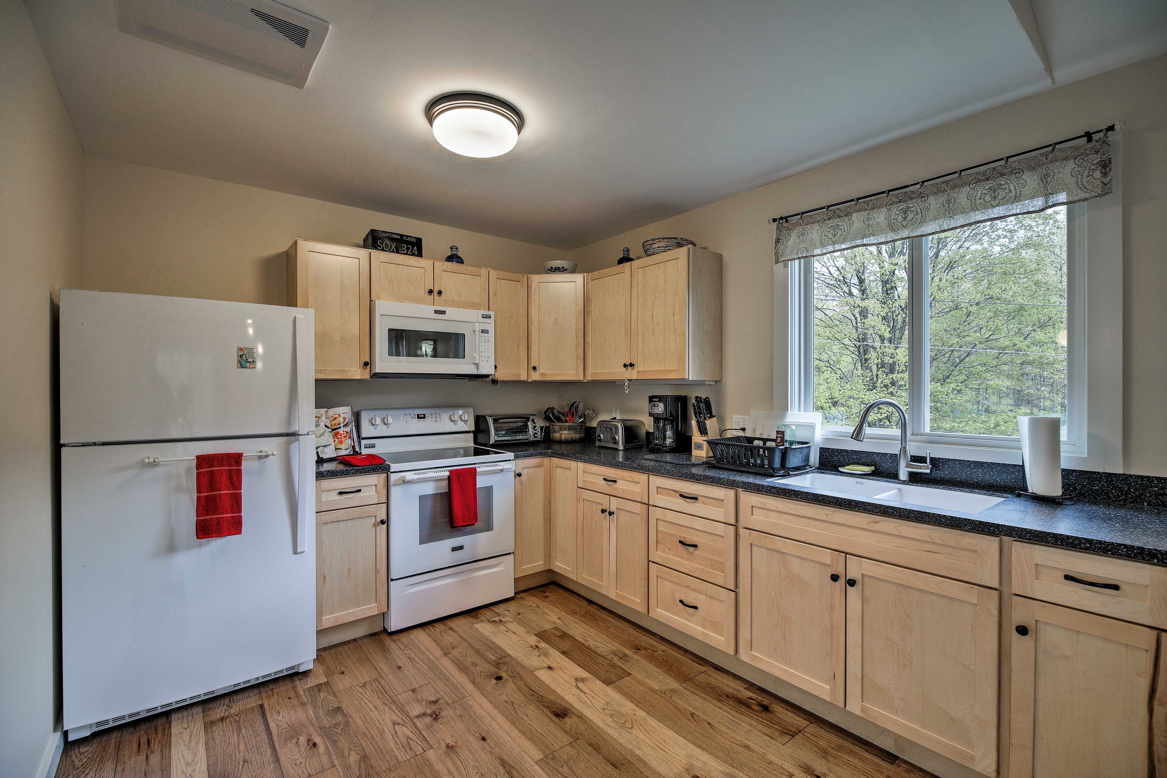 The kitchen comes well equipped with everything you should need for meals.