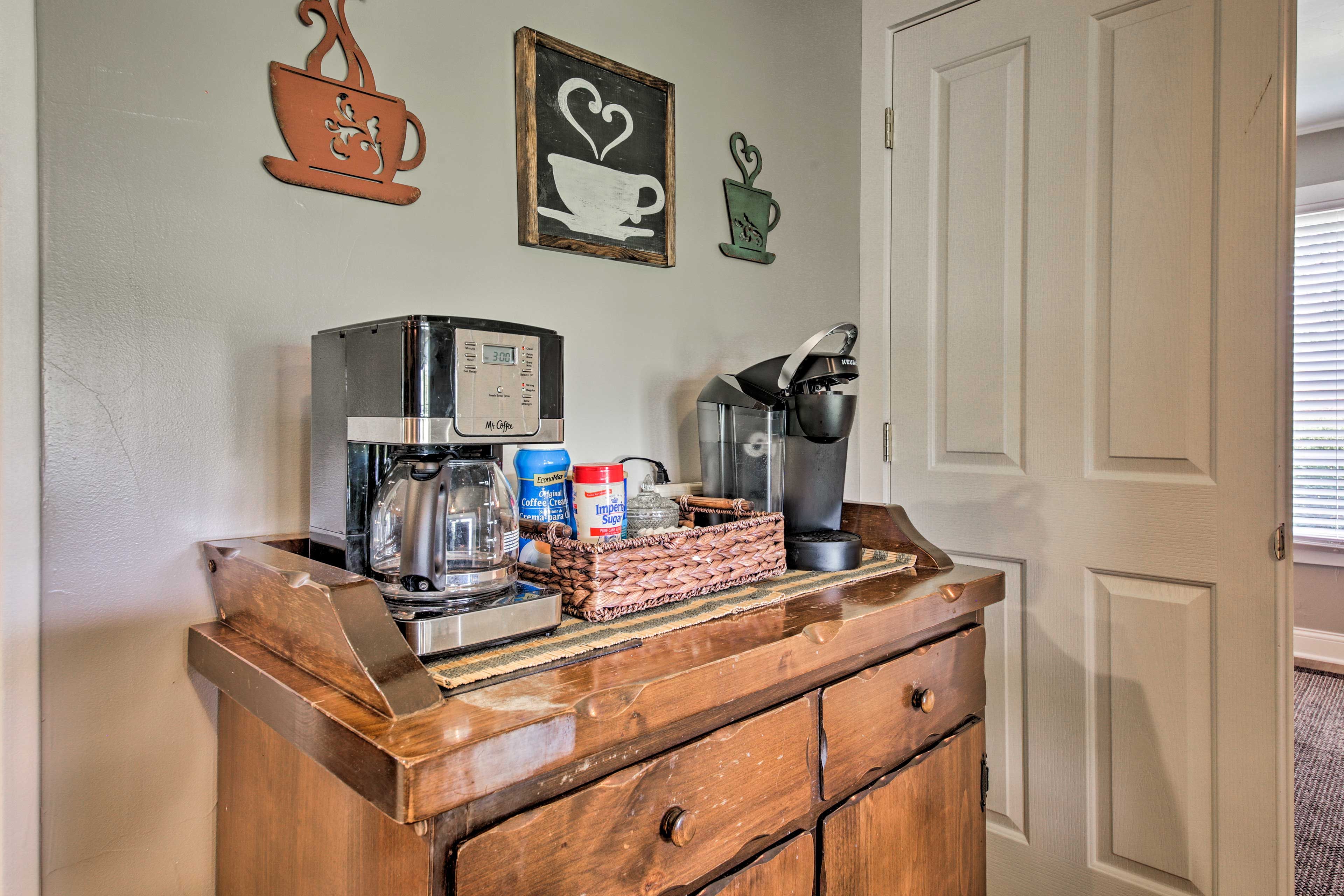 Brew some Joe using the drip coffee maker or the Keurig!