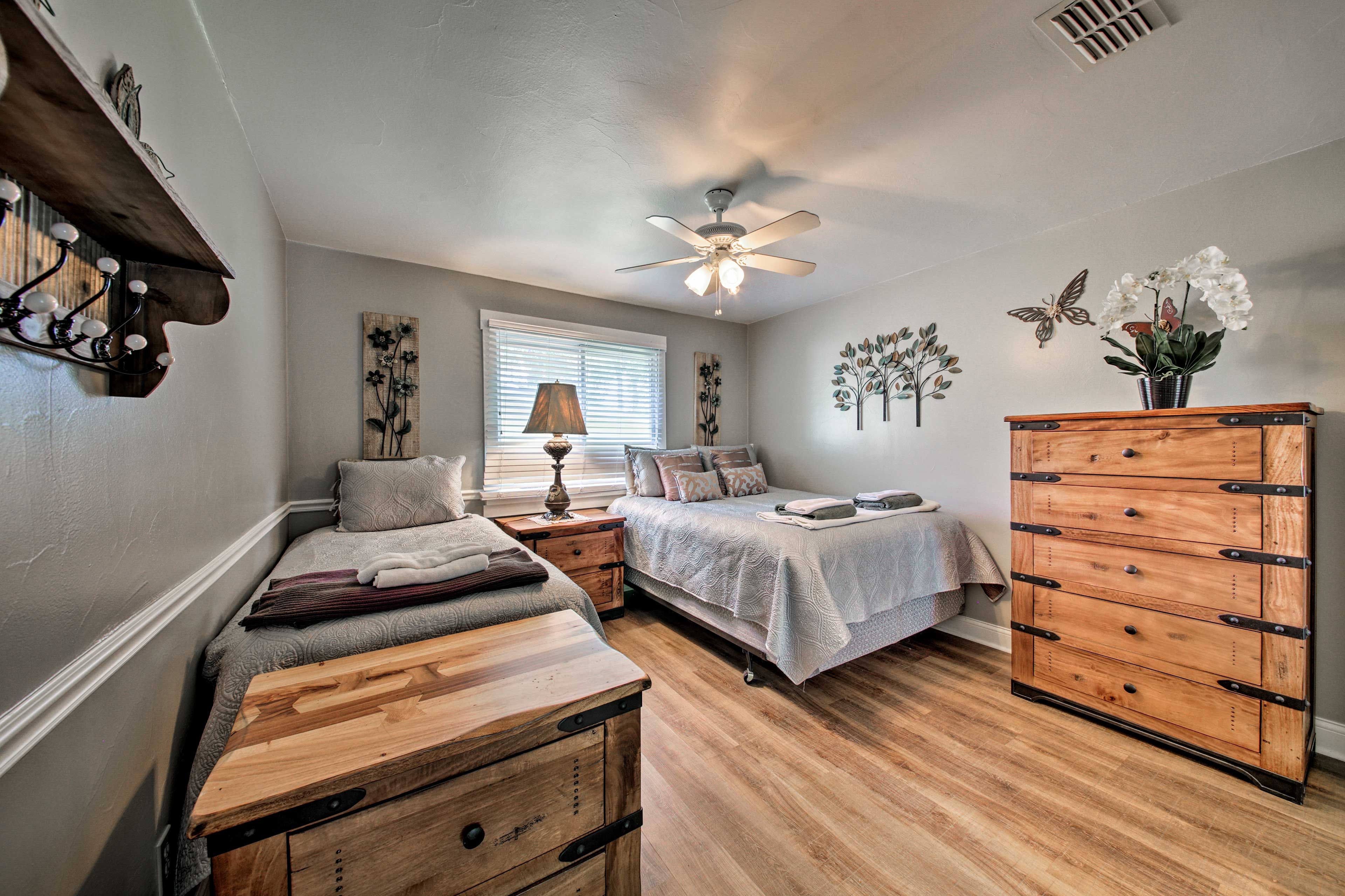You'll find a twin bed and a queen bed in the second bedroom.