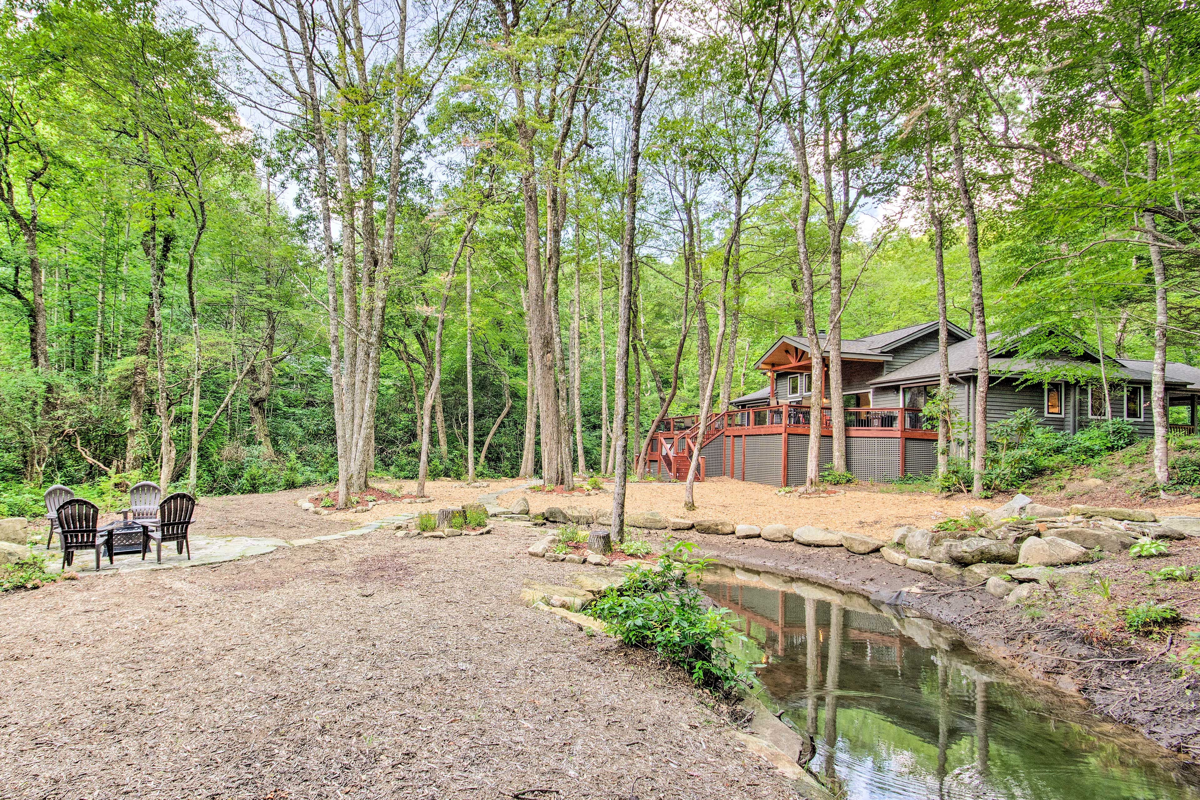 Exterior | Fire Pit | On-Site Stream | Wooded Lot