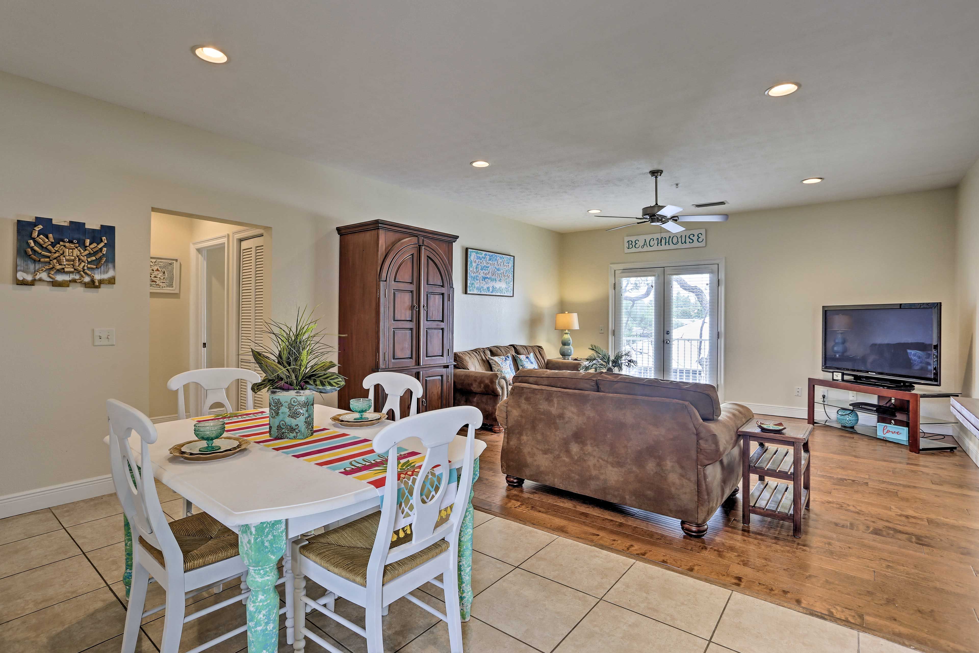 The walls are lined with beach-themed accents.