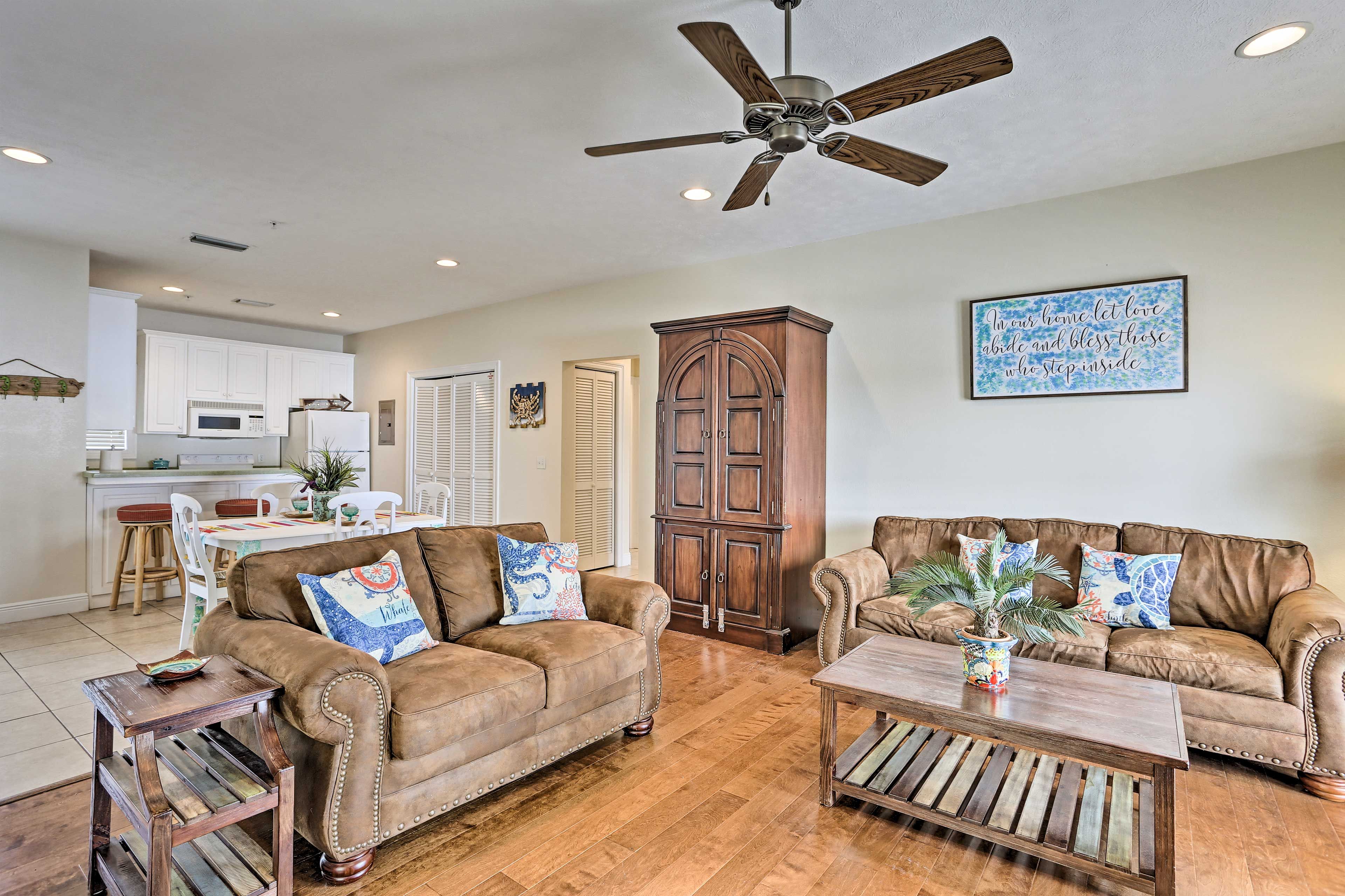 Cool off below the ceiling fan after tanning at the beach.