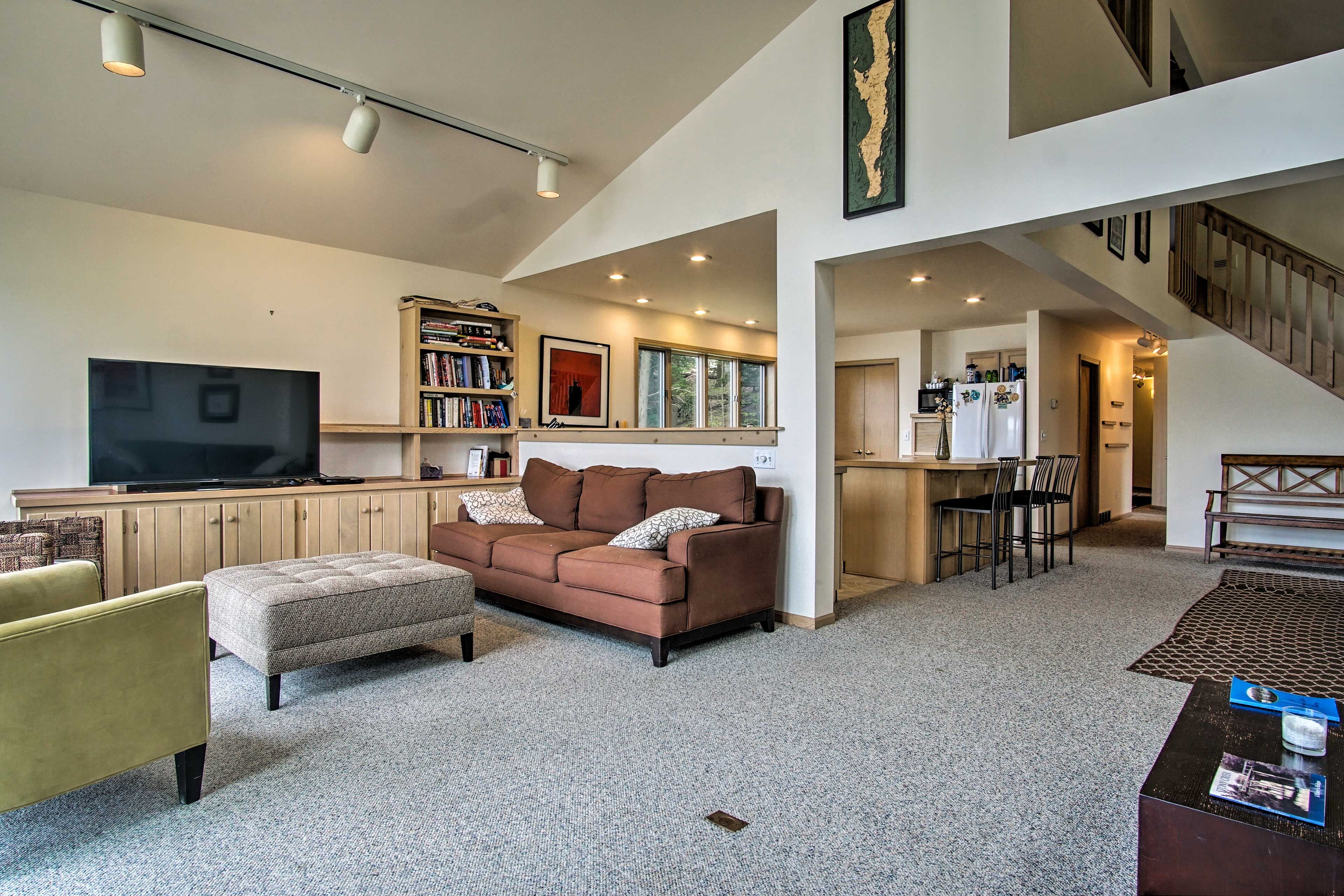 Sink into the sofa & watch a show on the large flat-screen TV.