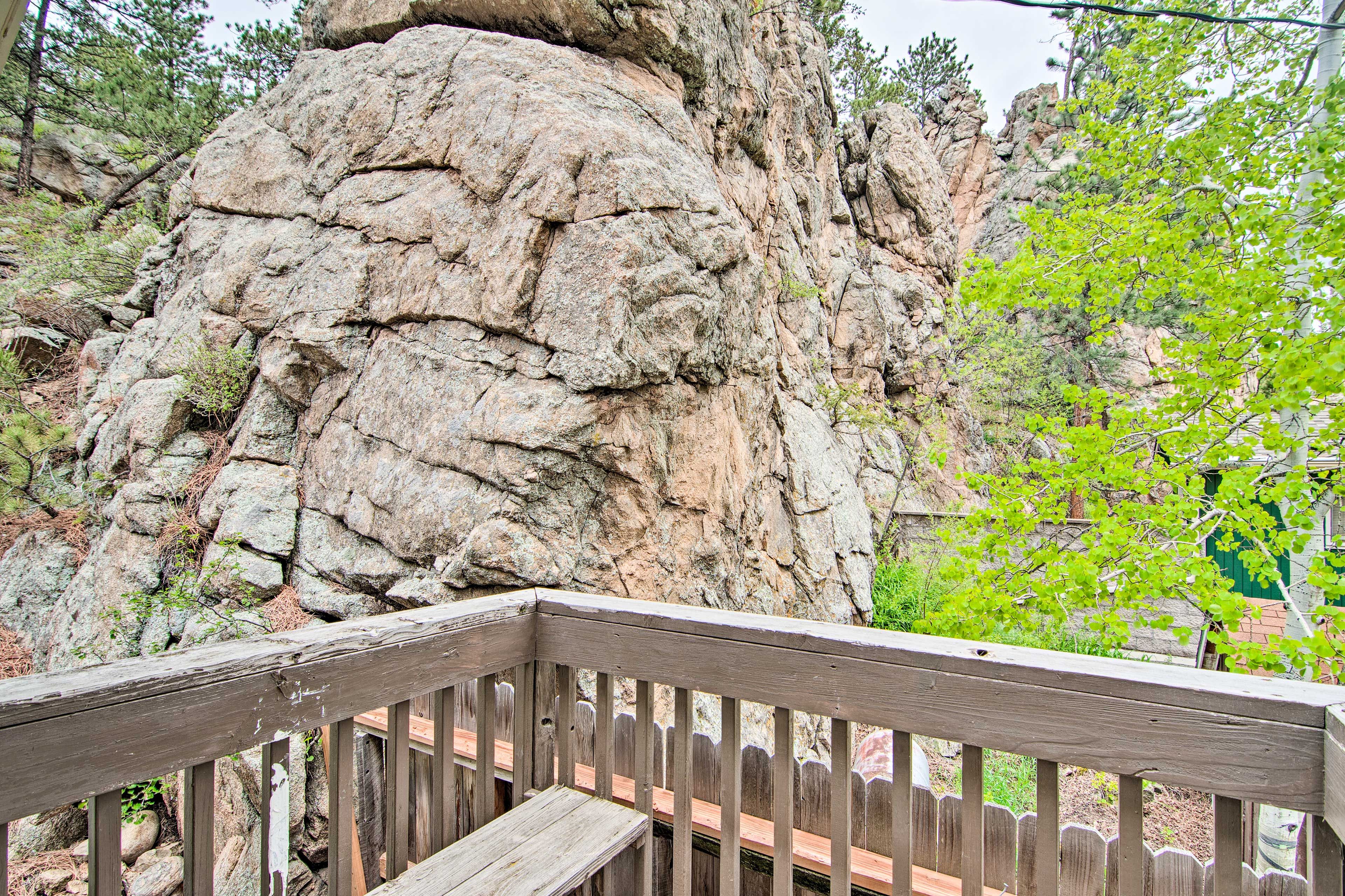 The backyard has rock mountain and wooded views.