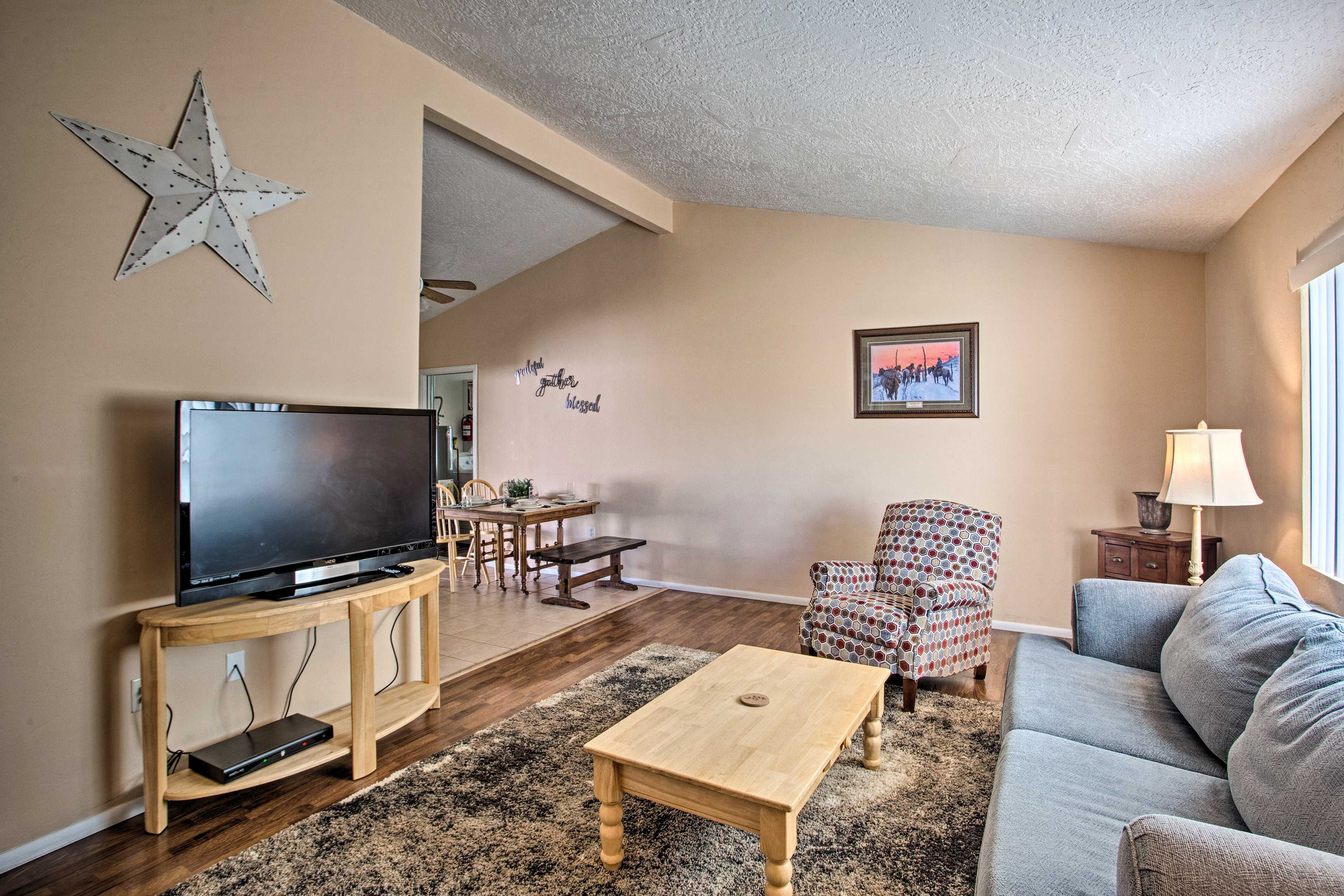 The interior features a charming rustic decor.