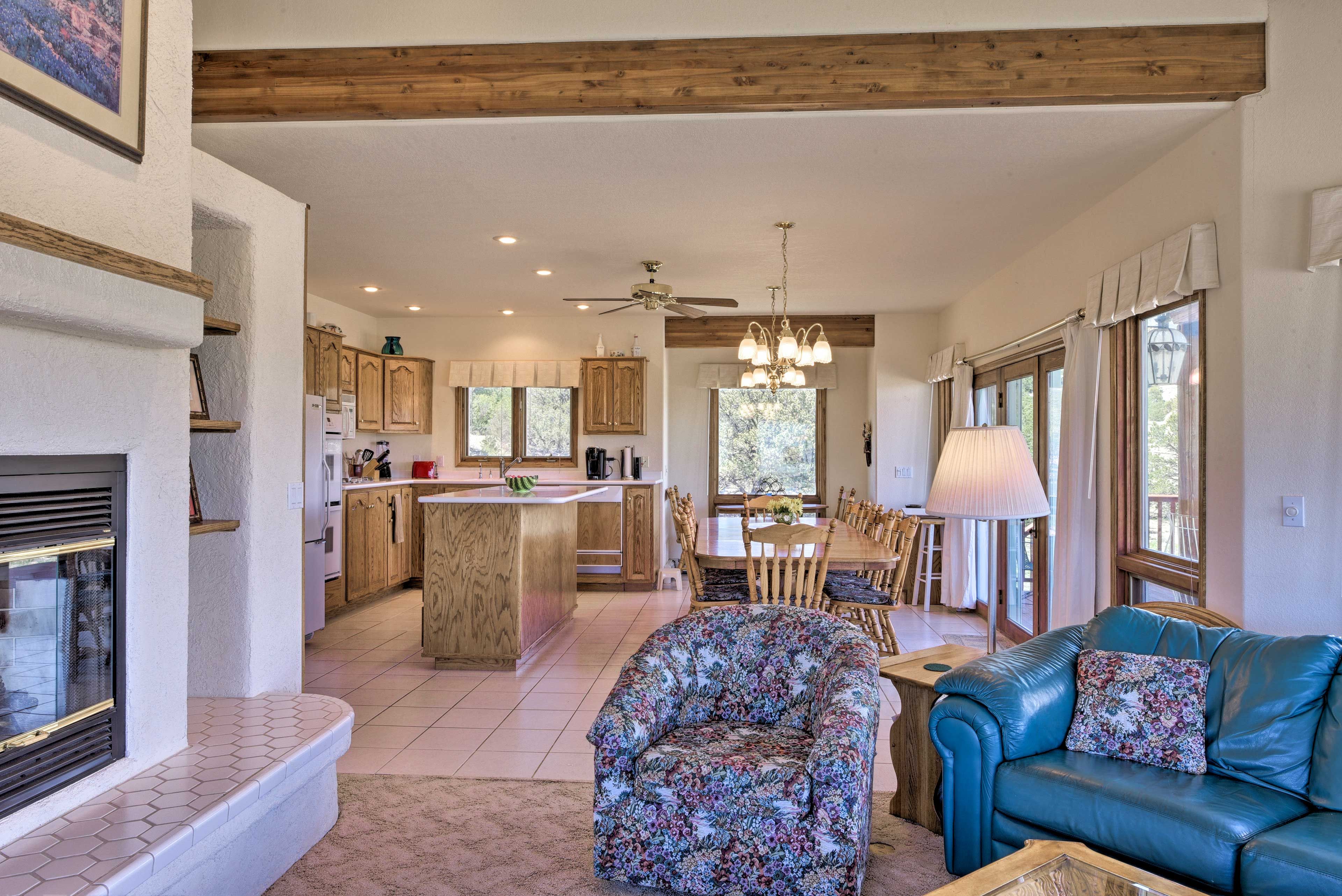 The living room includes a fireplace.