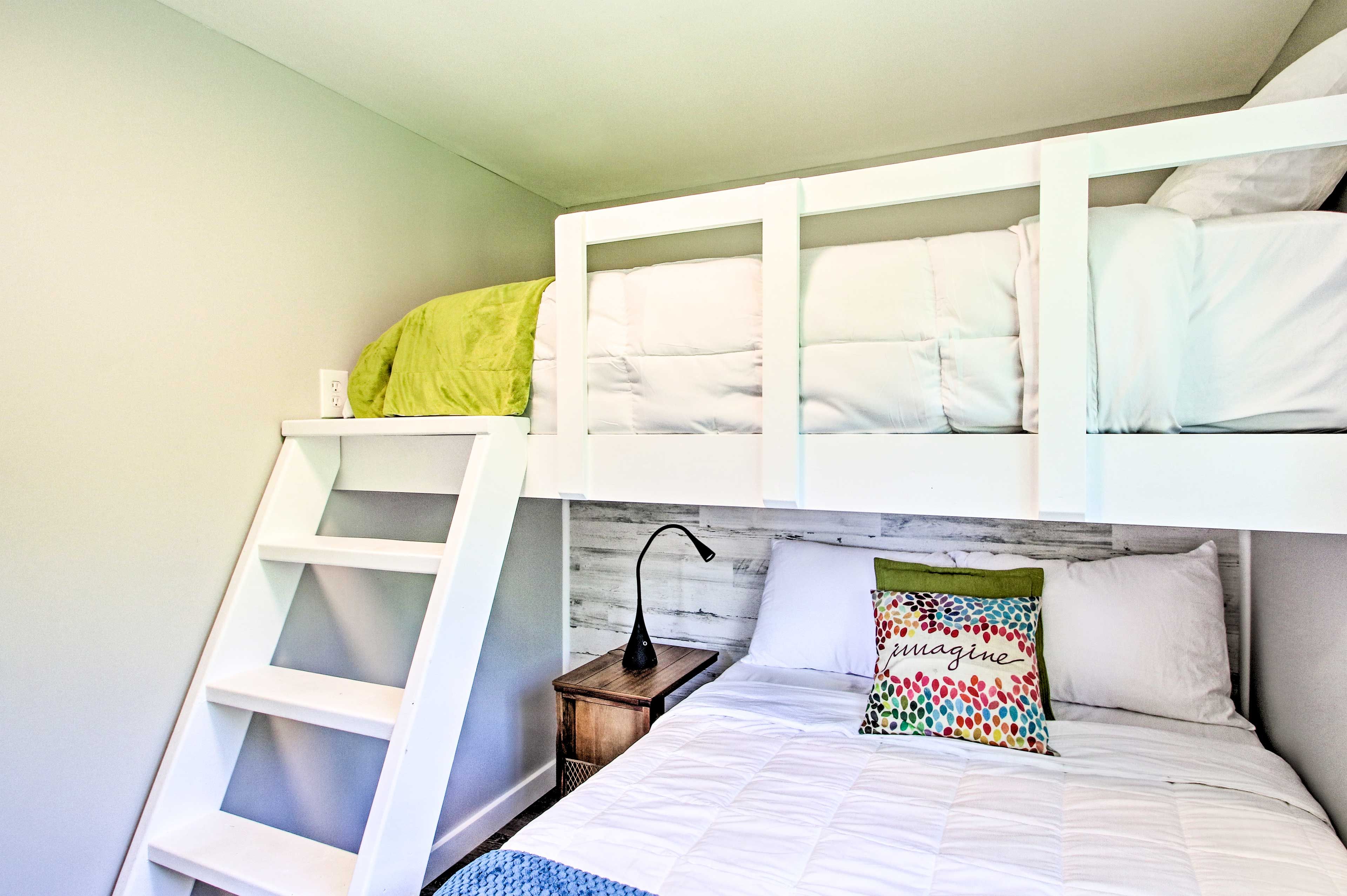 Up to 3 guests can snooze in the twin-over-full bunk bed.